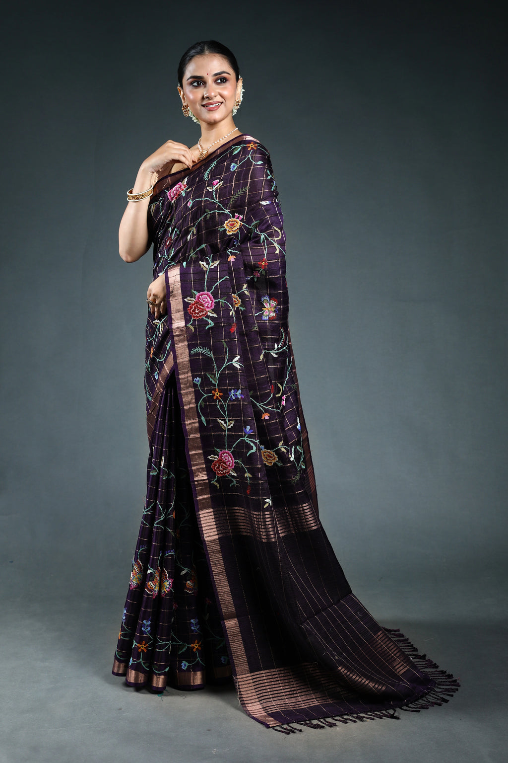 Purple Semi Tussar embroidery Saree with Blouse Piece