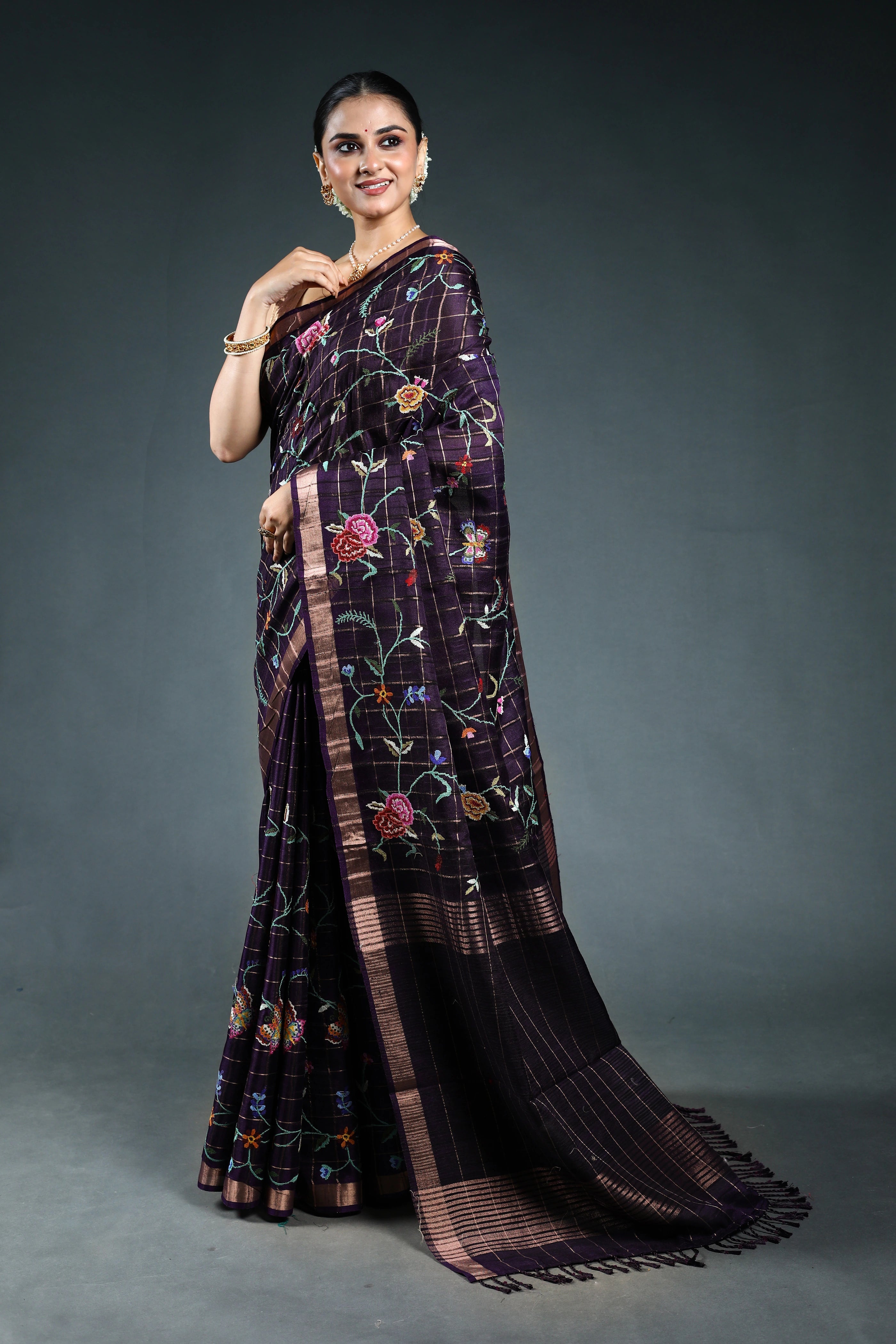 Purple Semi Tussar embroidery Saree with Blouse Piece