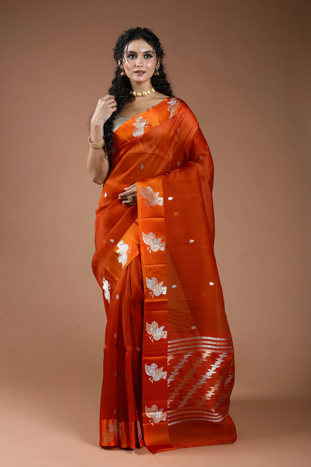 Rust Orange Pure Kora Banarasi With Satin Border Saree With Blouse Piece