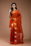 Rust Orange Pure Kora Banarasi With Satin Border Saree With Blouse Piece