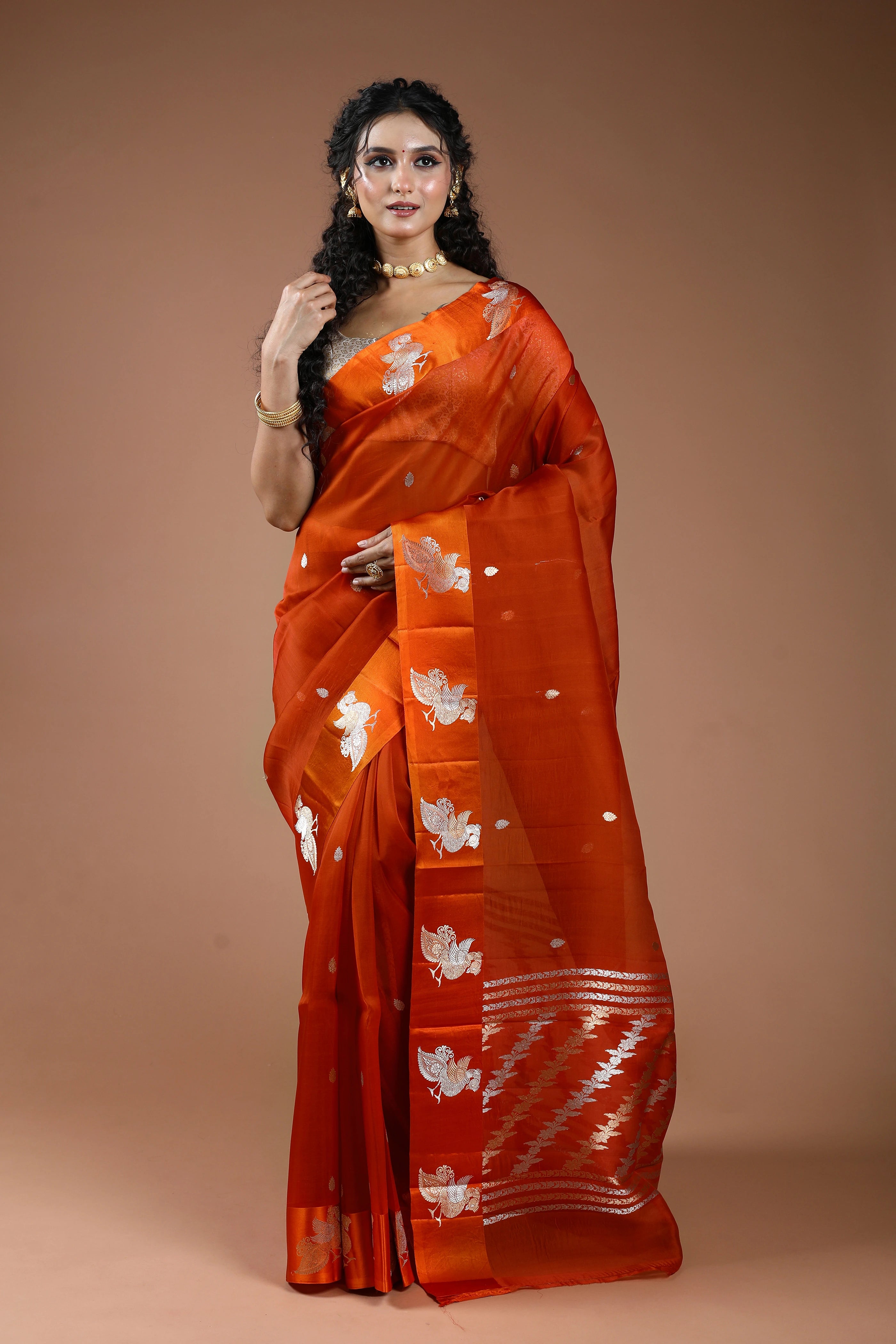 Rust Orange Pure Kora Banarasi With Satin Border Saree With Blouse Piece