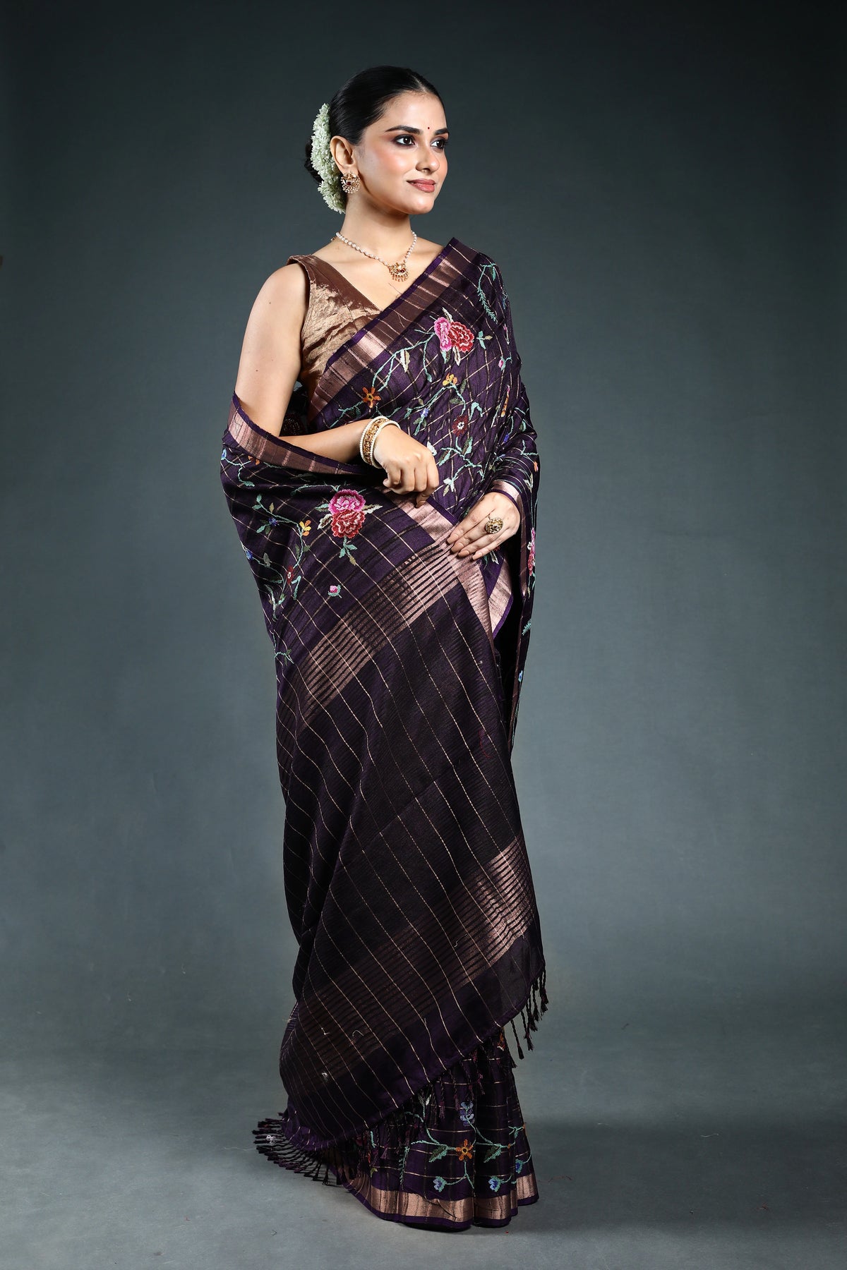 Purple Semi Tussar embroidery Saree with Blouse Piece