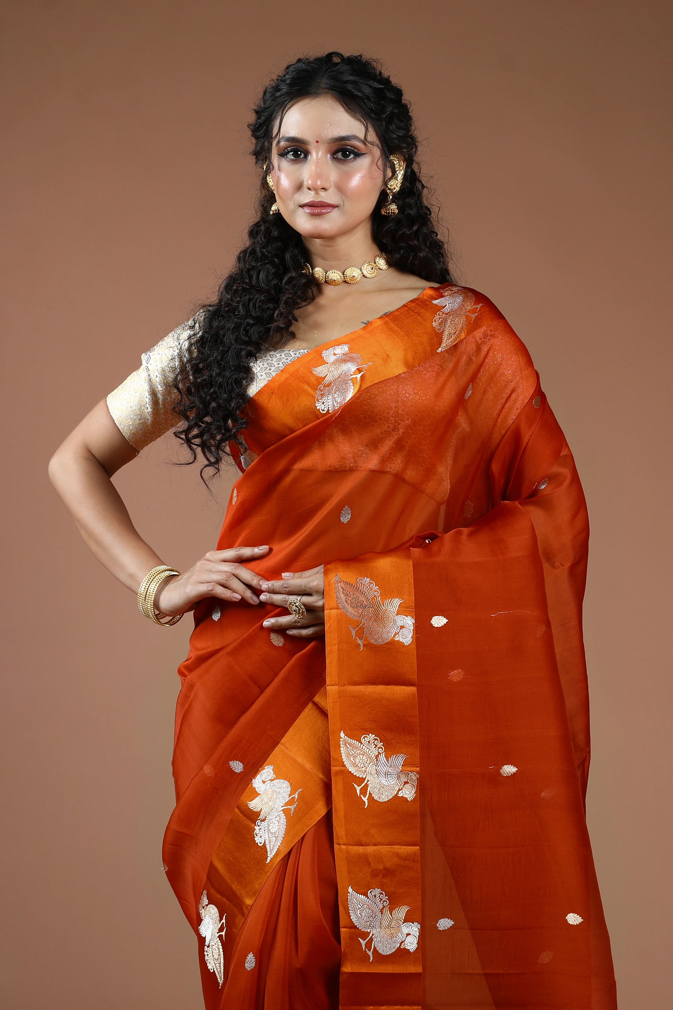 Rust Orange Pure Kora Banarasi With Satin Border Saree With Blouse Piece