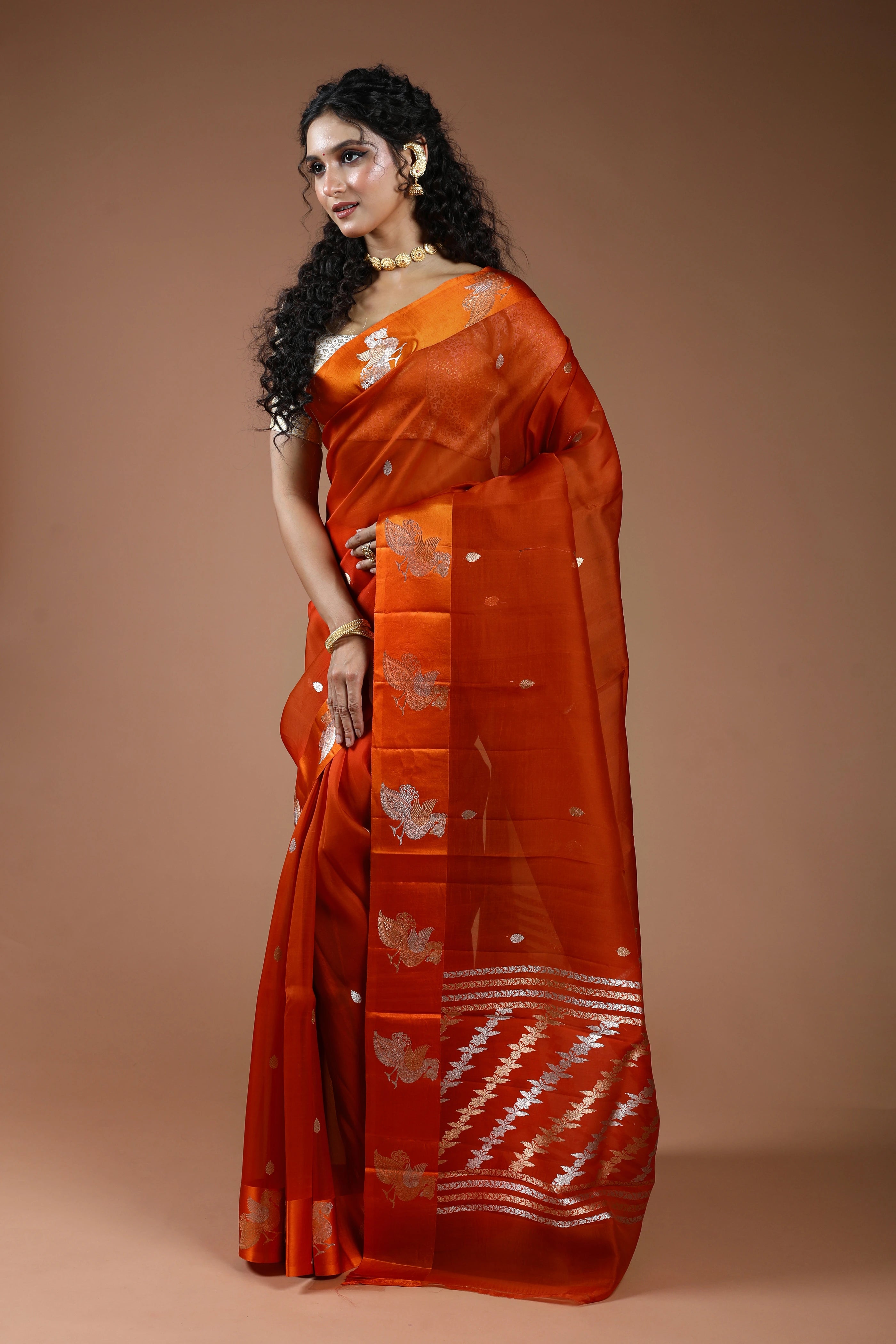 Rust Orange Pure Kora Banarasi With Satin Border Saree With Blouse Piece