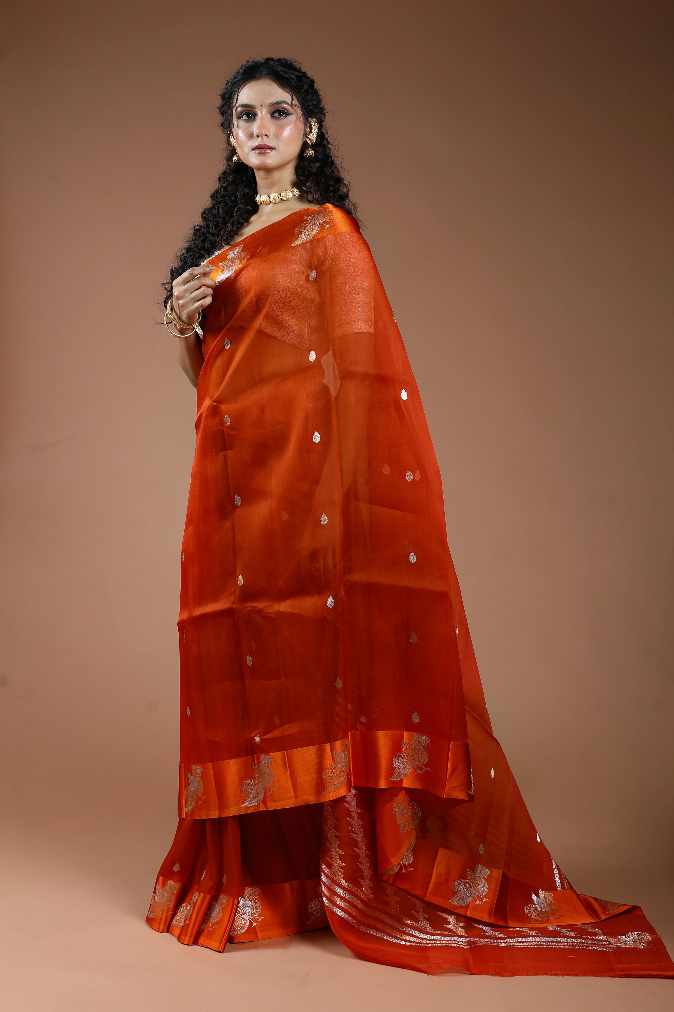 Rust Orange Pure Kora Banarasi With Satin Border Saree With Blouse Piece