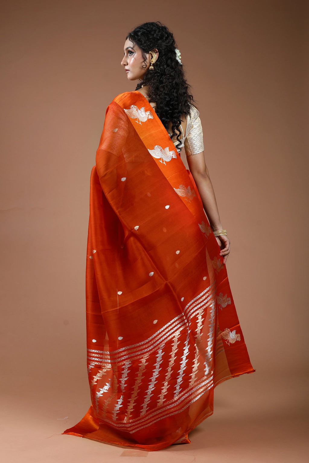 Rust Orange Pure Kora Banarasi With Satin Border Saree With Blouse Piece