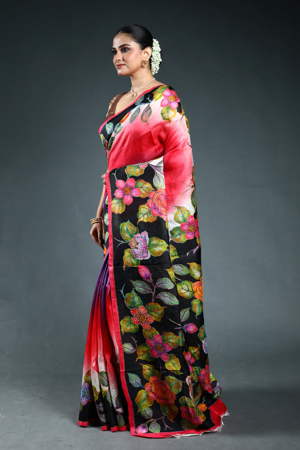 Multicolor Murshidabad Silk Katha work Saree with Blouse Piece