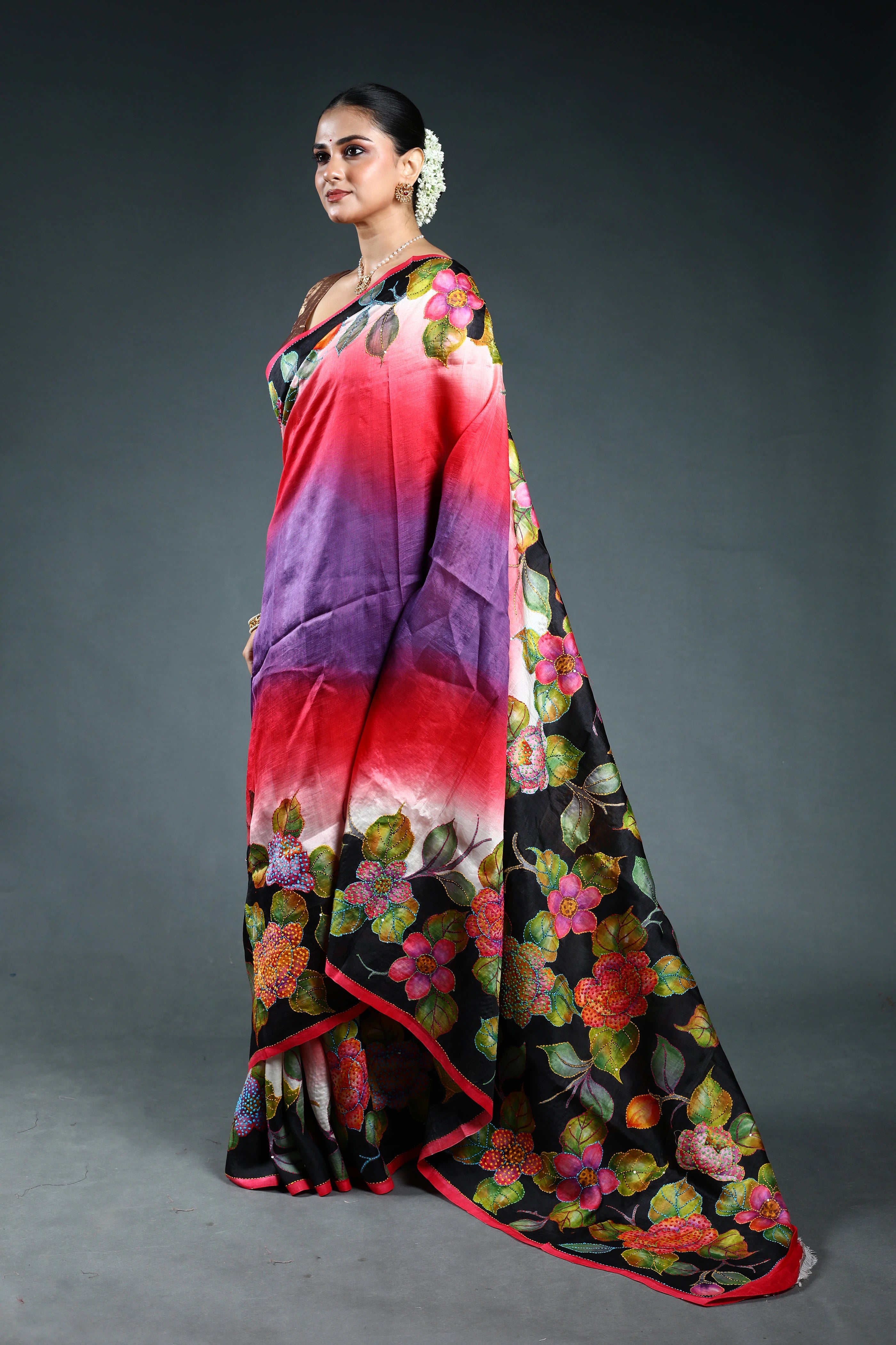 Multicolor Murshidabad Silk Katha work Saree with Blouse Piece