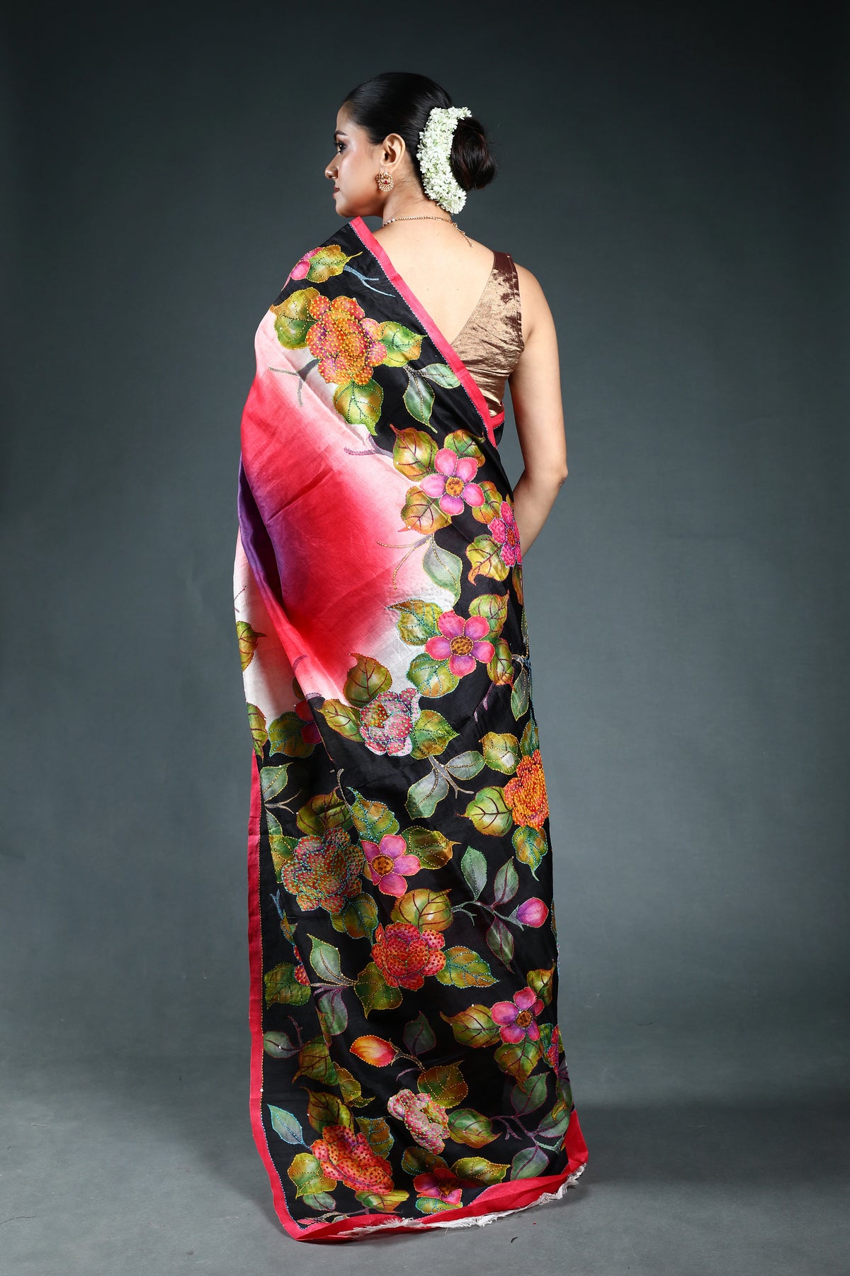 Multicolor Murshidabad Silk Katha work Saree with Blouse Piece