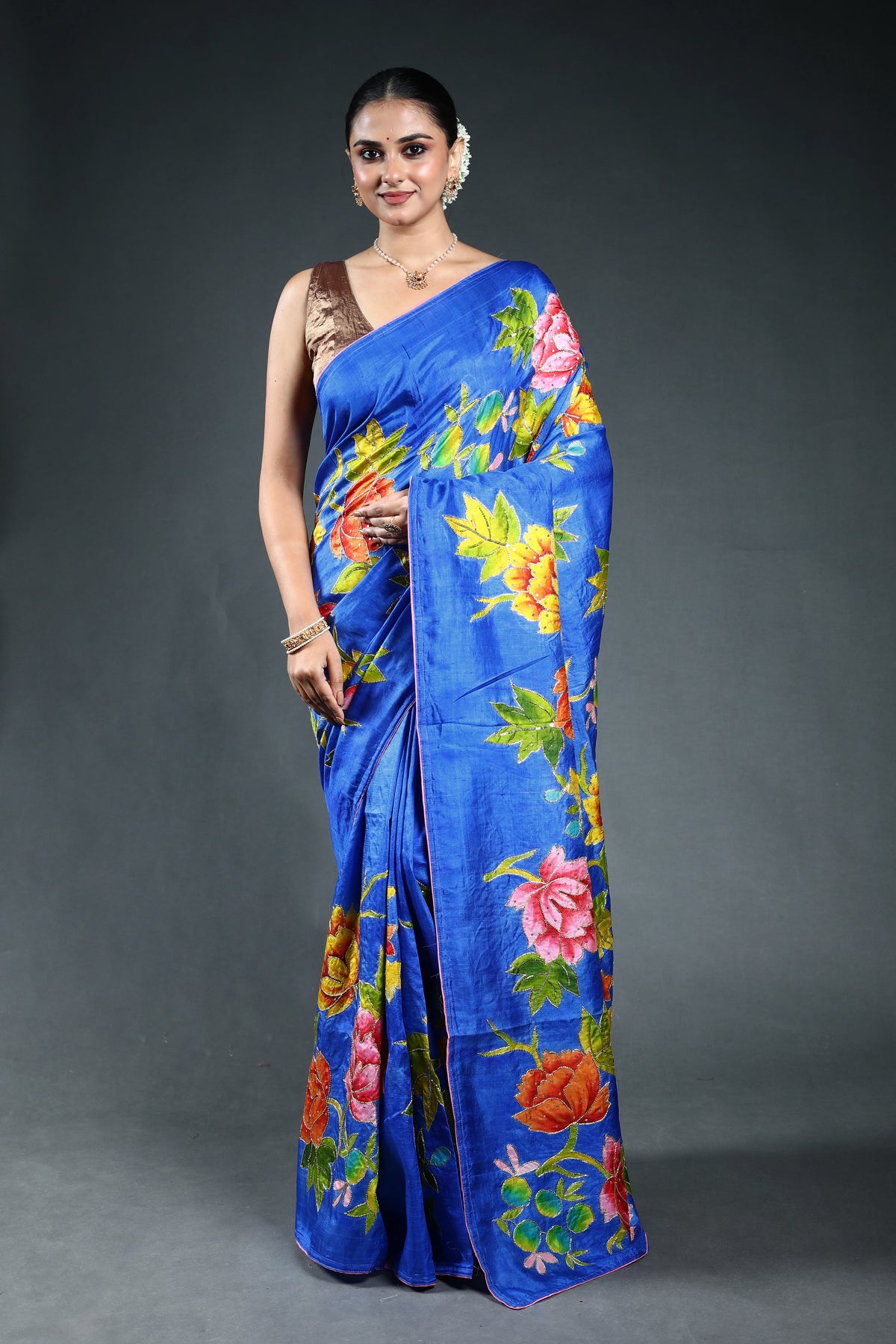 Navy Blue Murshidabad Silk pitazari work Saree with Blouse Piece