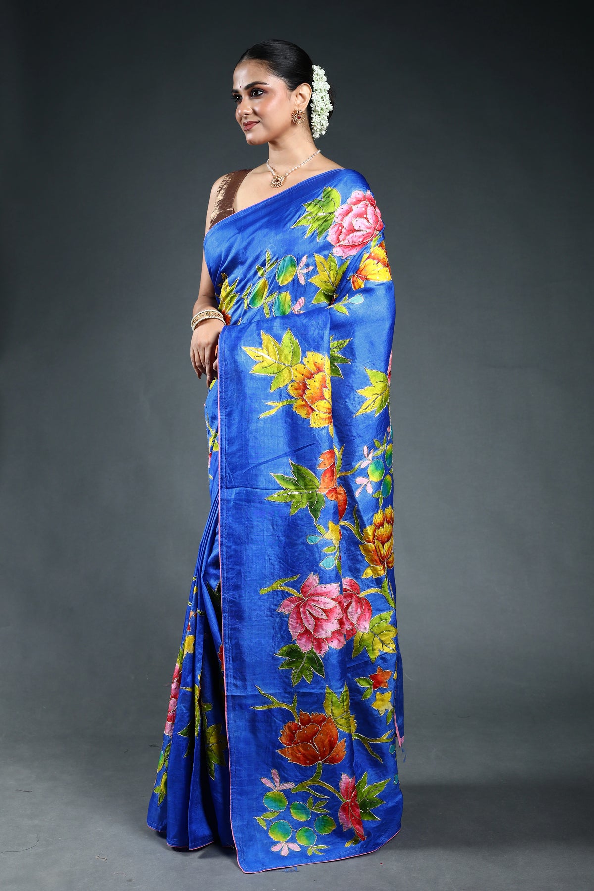 Navy Blue Murshidabad Silk pitazari work Saree with Blouse Piece