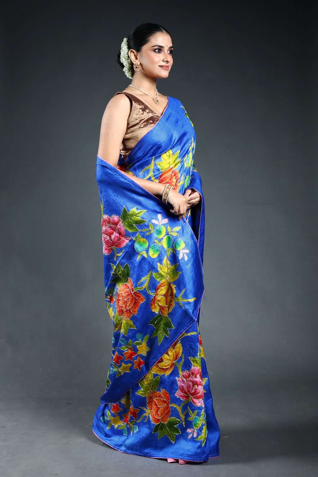 Navy Blue Murshidabad Silk pitazari work Saree with Blouse Piece