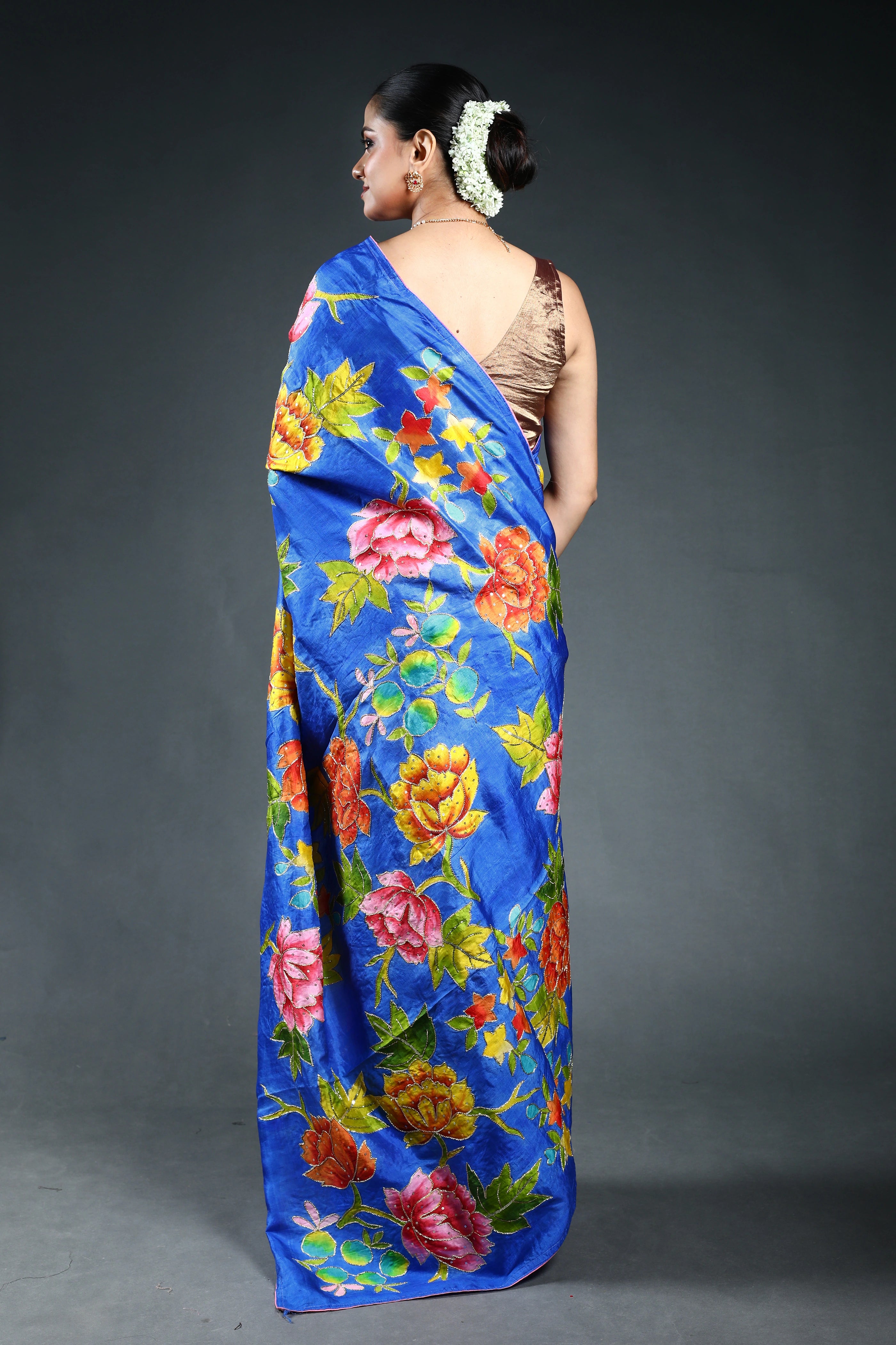 Navy Blue Murshidabad Silk pitazari work Saree with Blouse Piece