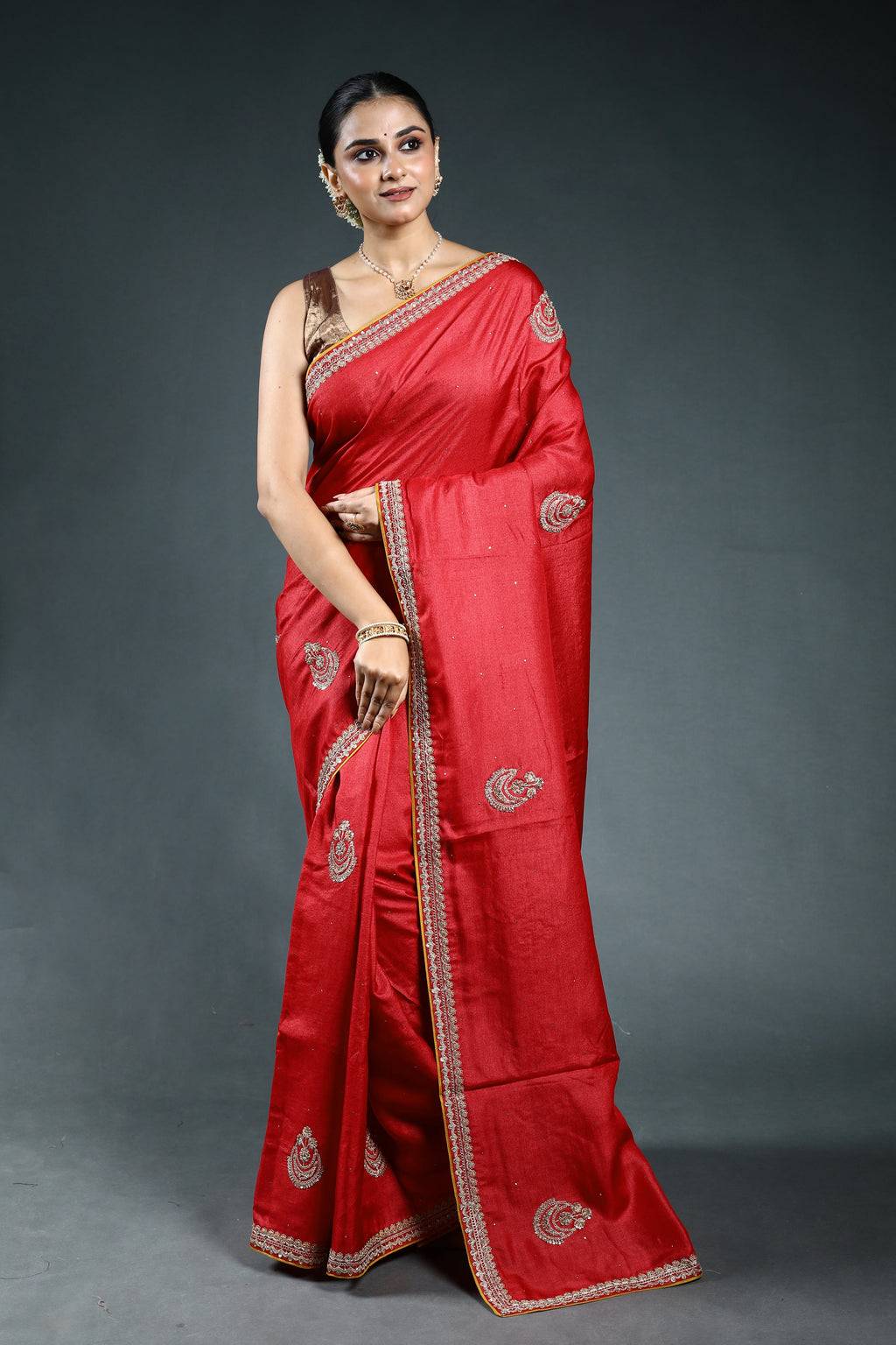 Red Pure Tussar Zardosi Saree with Blouse Piece