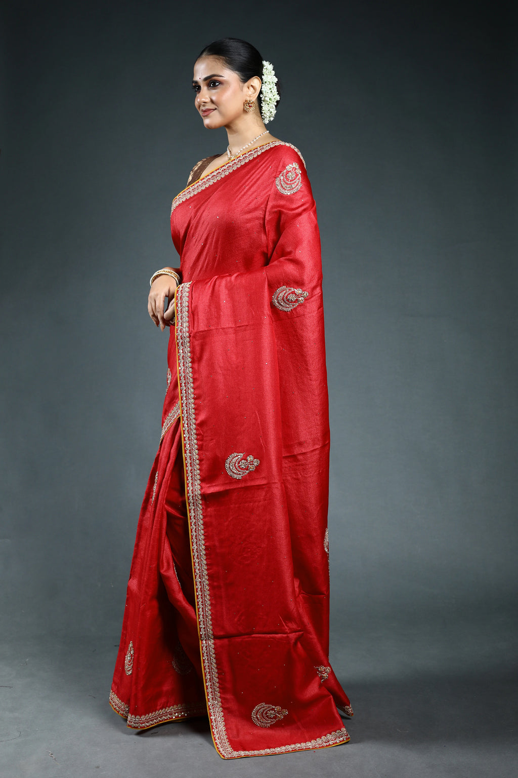 Red Pure Tussar Zardosi Saree with Blouse Piece