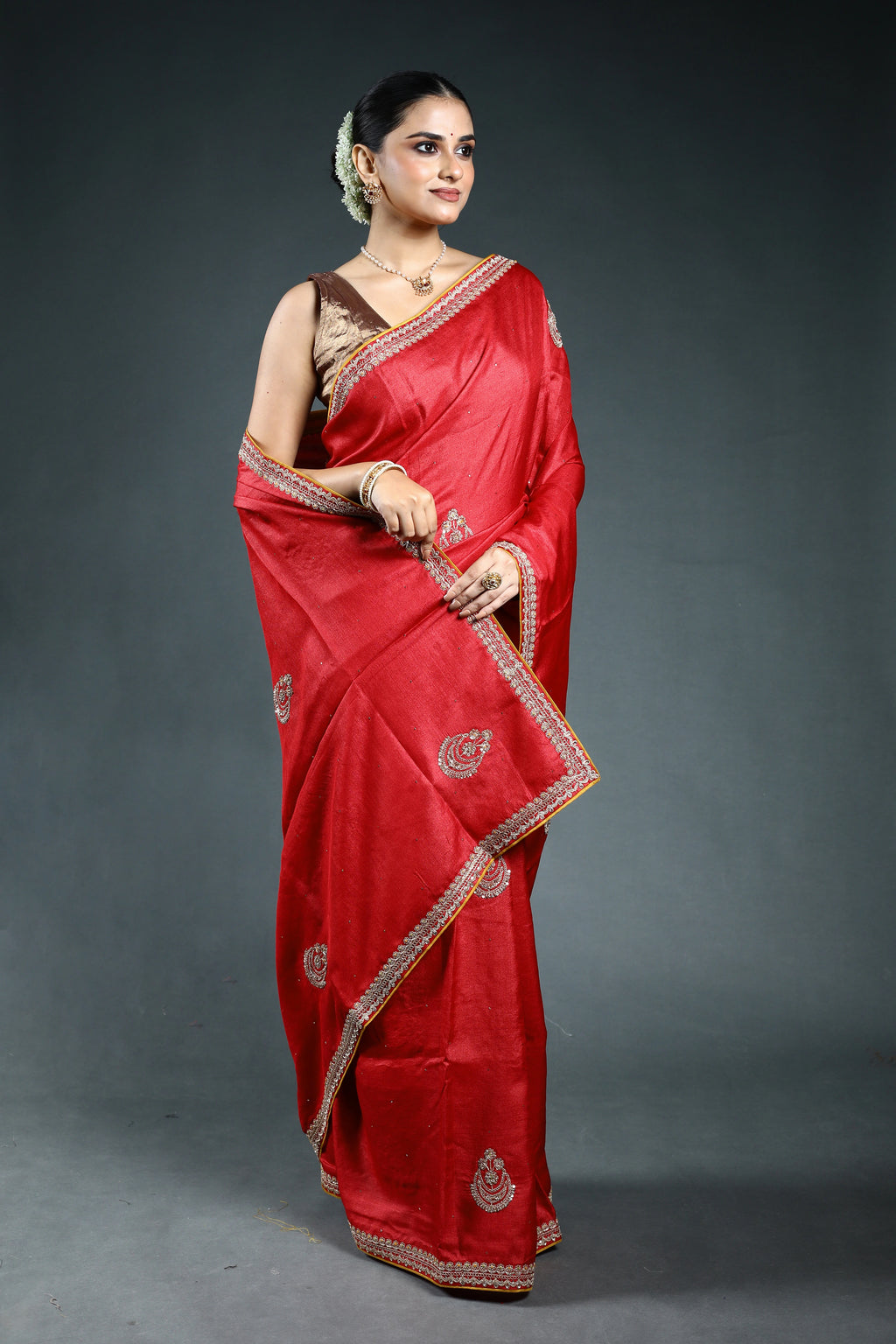 Red Pure Tussar Zardosi Saree with Blouse Piece