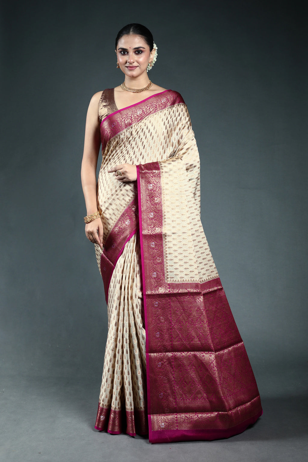 Offwhite Crepe Banarasi Saree with Blouse Piece