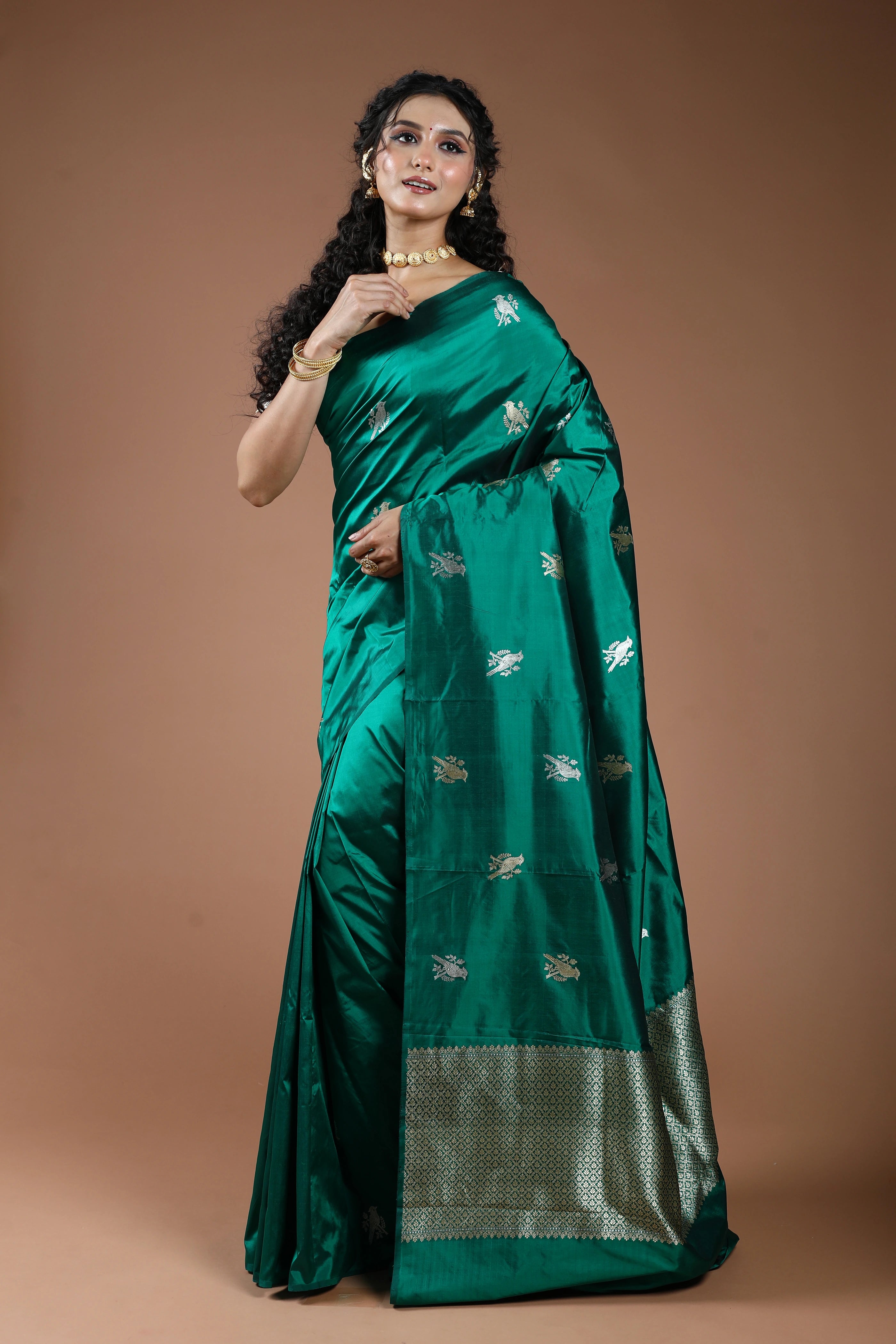Deep Green Pure Katan Silk Saree With Blouse Piece