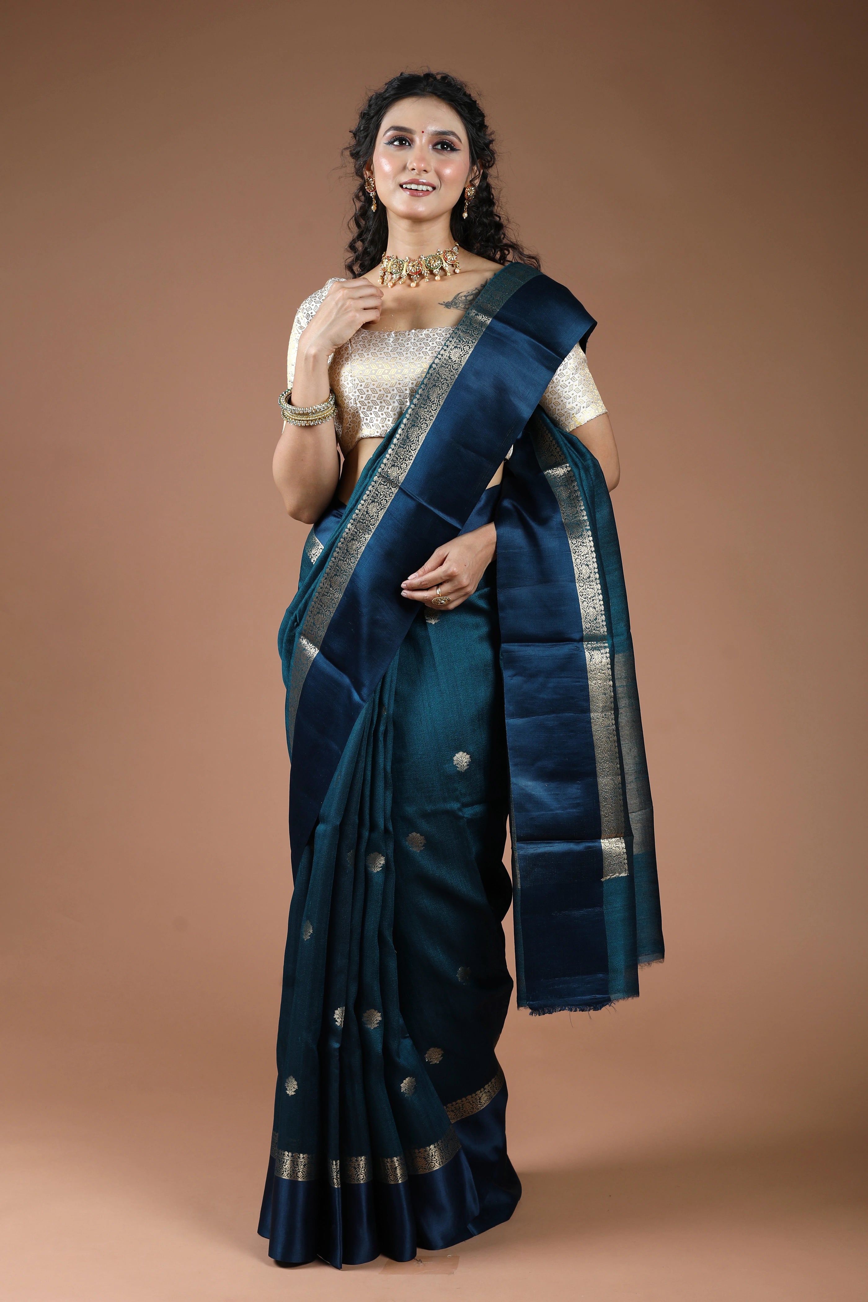 Teal Blue Pure Tussar With Satin Border Saree With Blouse Piece