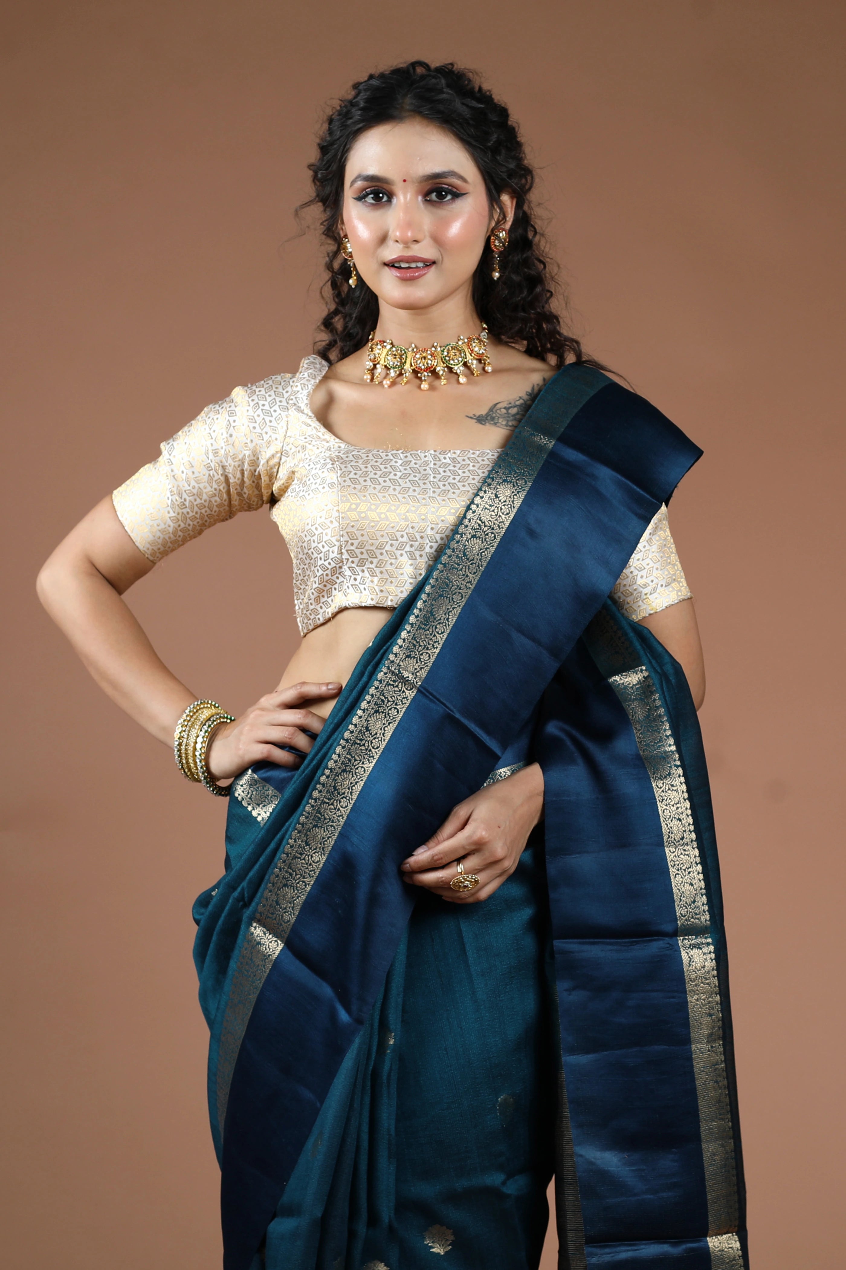 Teal Blue Pure Tussar With Satin Border Saree With Blouse Piece