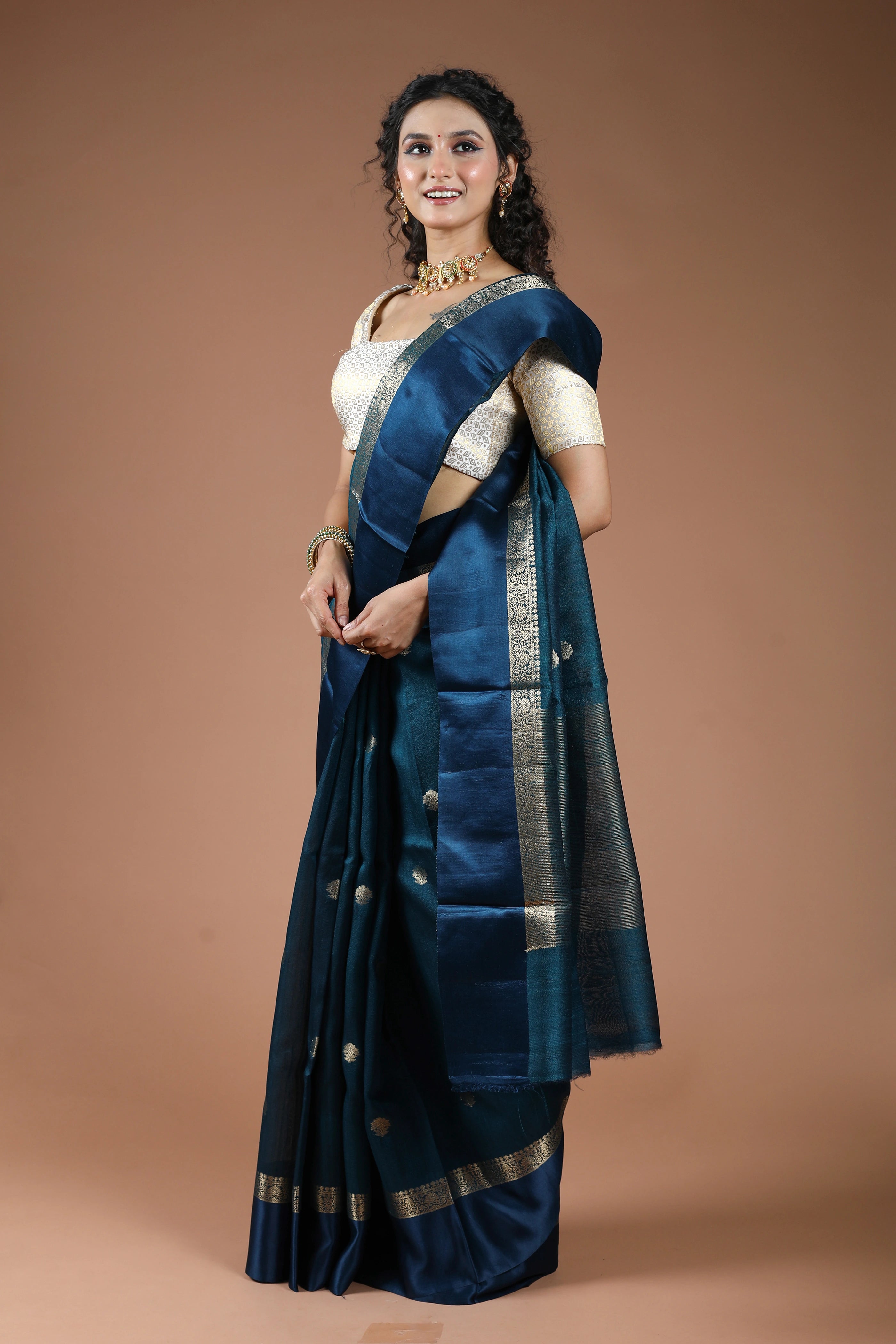 Teal Blue Pure Tussar With Satin Border Saree With Blouse Piece