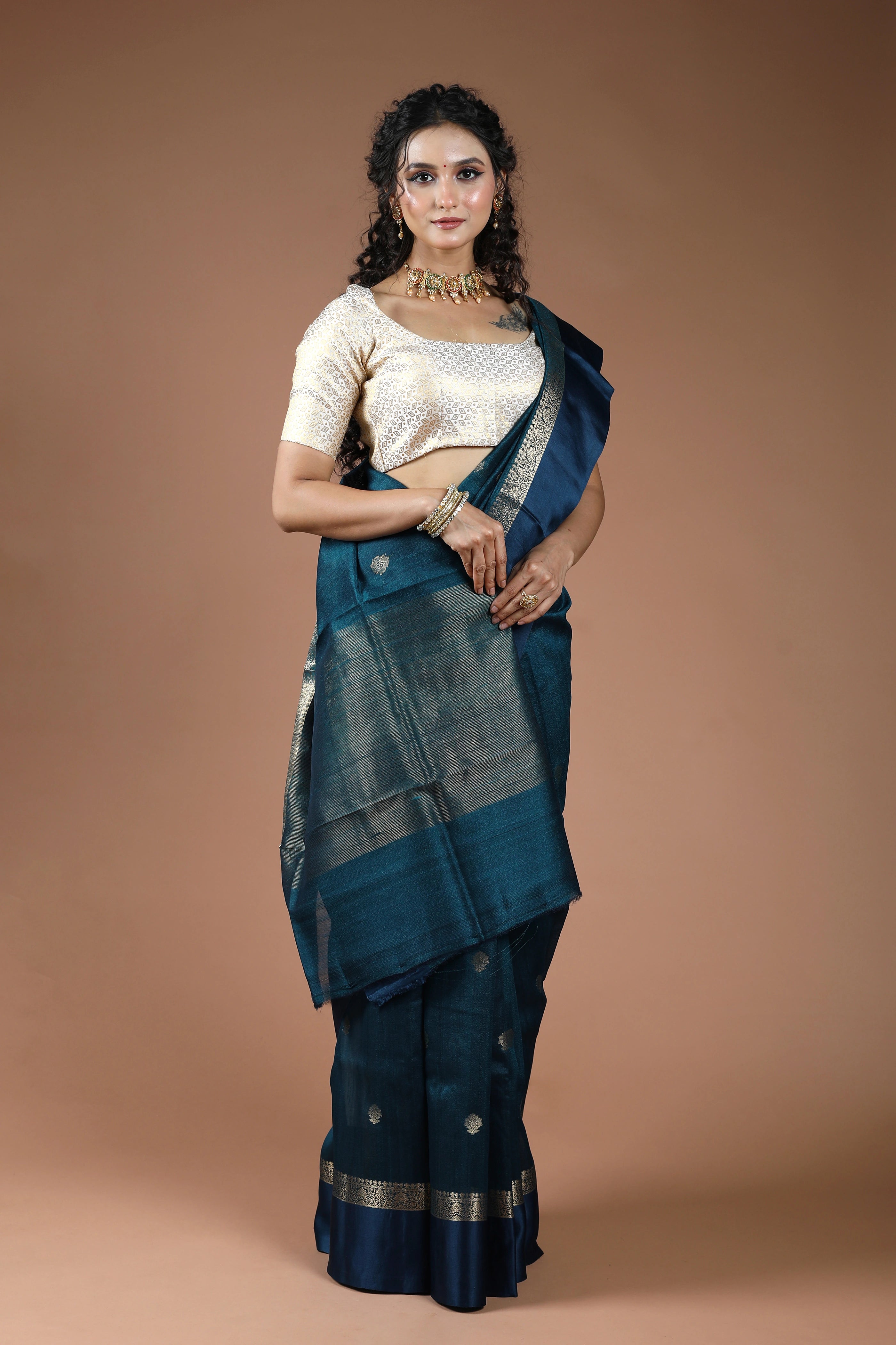Teal Blue Pure Tussar With Satin Border Saree With Blouse Piece
