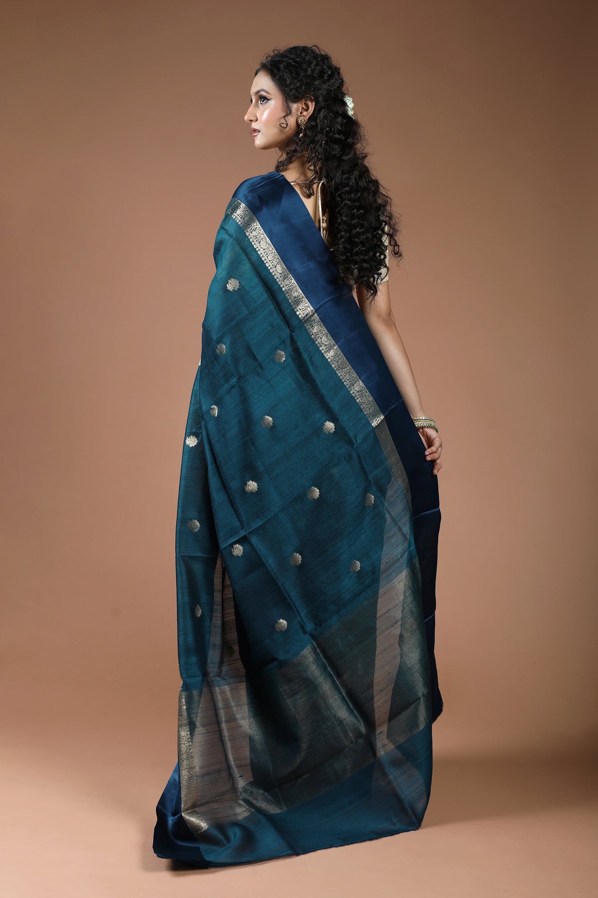 Teal Blue Pure Tussar With Satin Border Saree With Blouse Piece