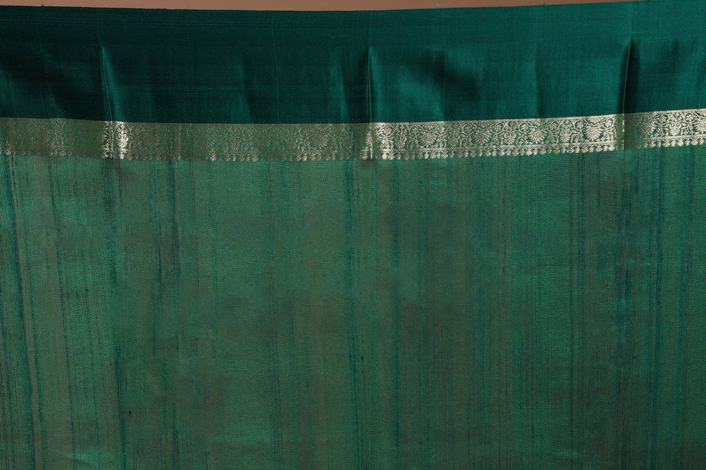 Bottle Green Pure Tussar With Satin Border Saree With Blouse Piece