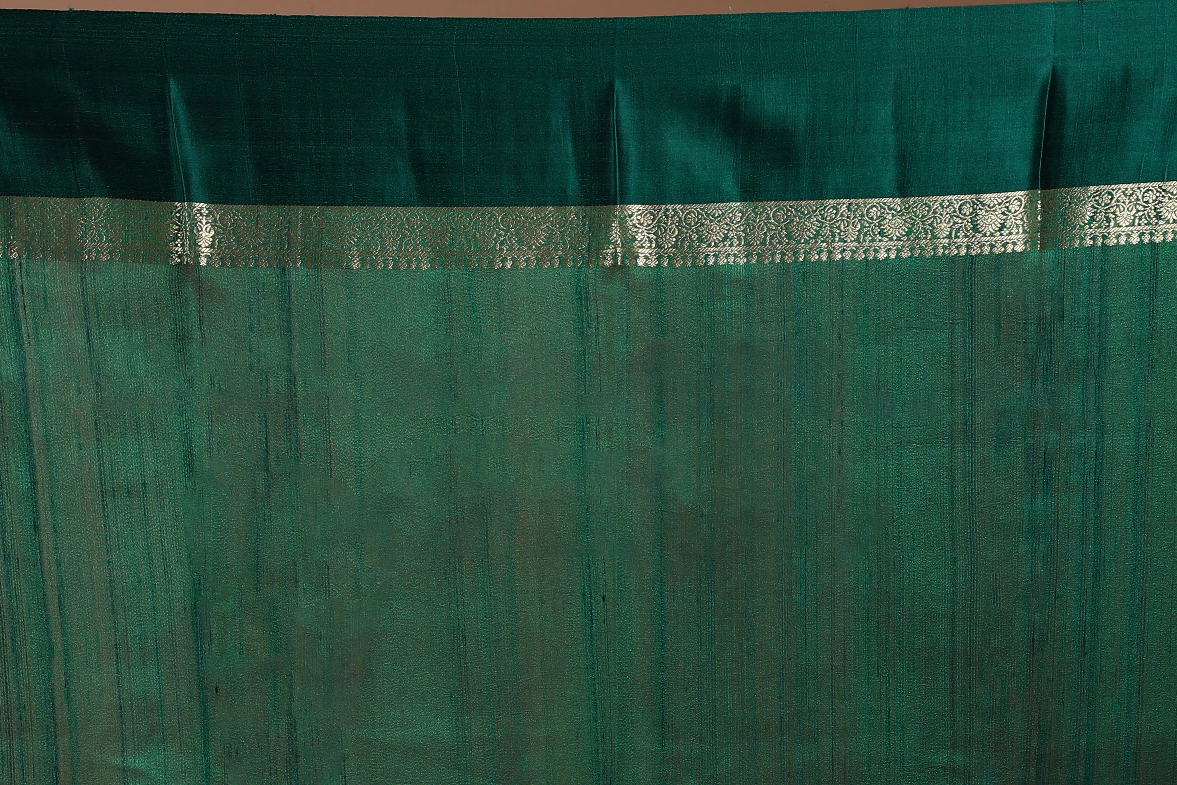 Bottle Green Pure Tussar With Satin Border Saree With Blouse Piece