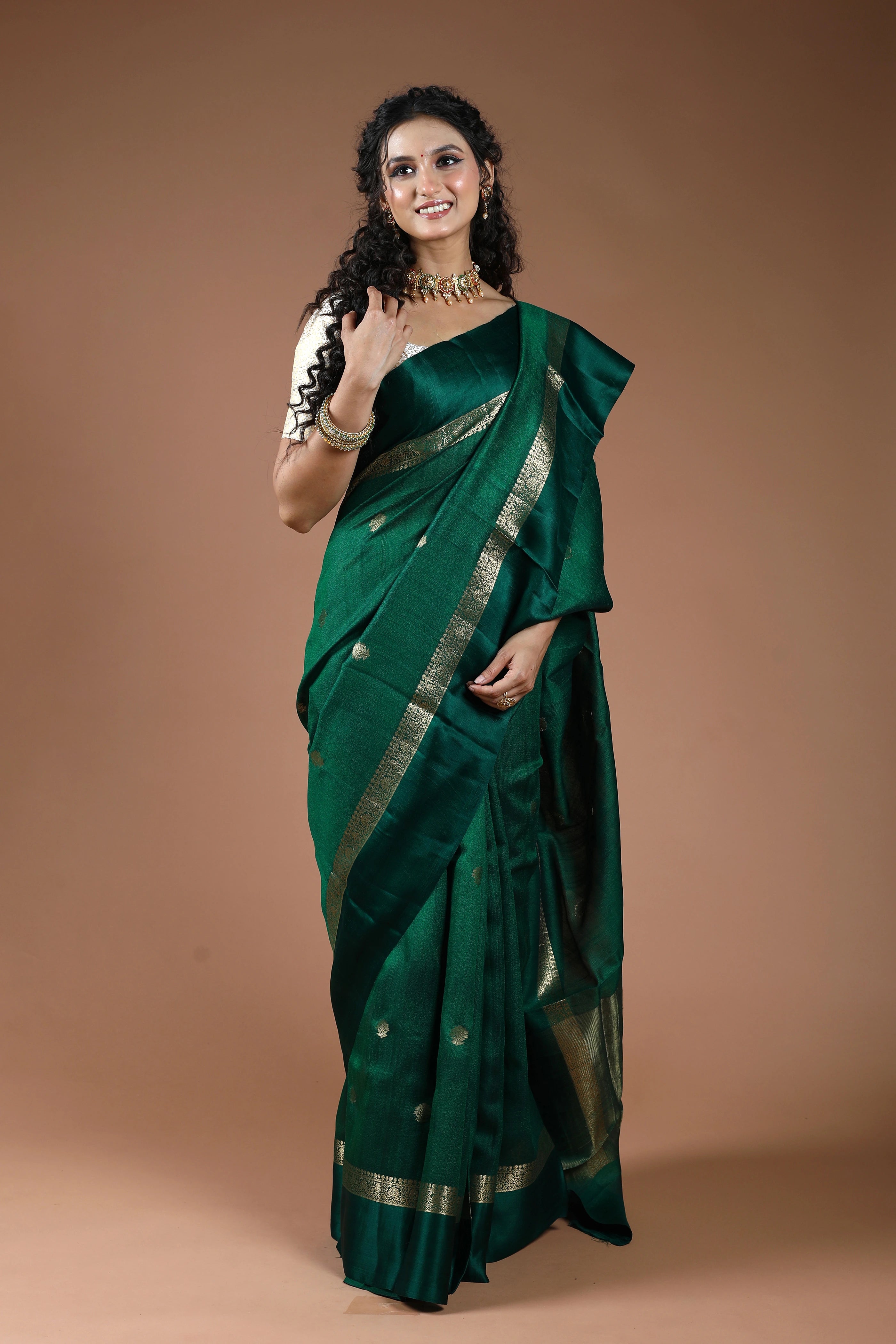Bottle Green Pure Tussar With Satin Border Saree With Blouse Piece