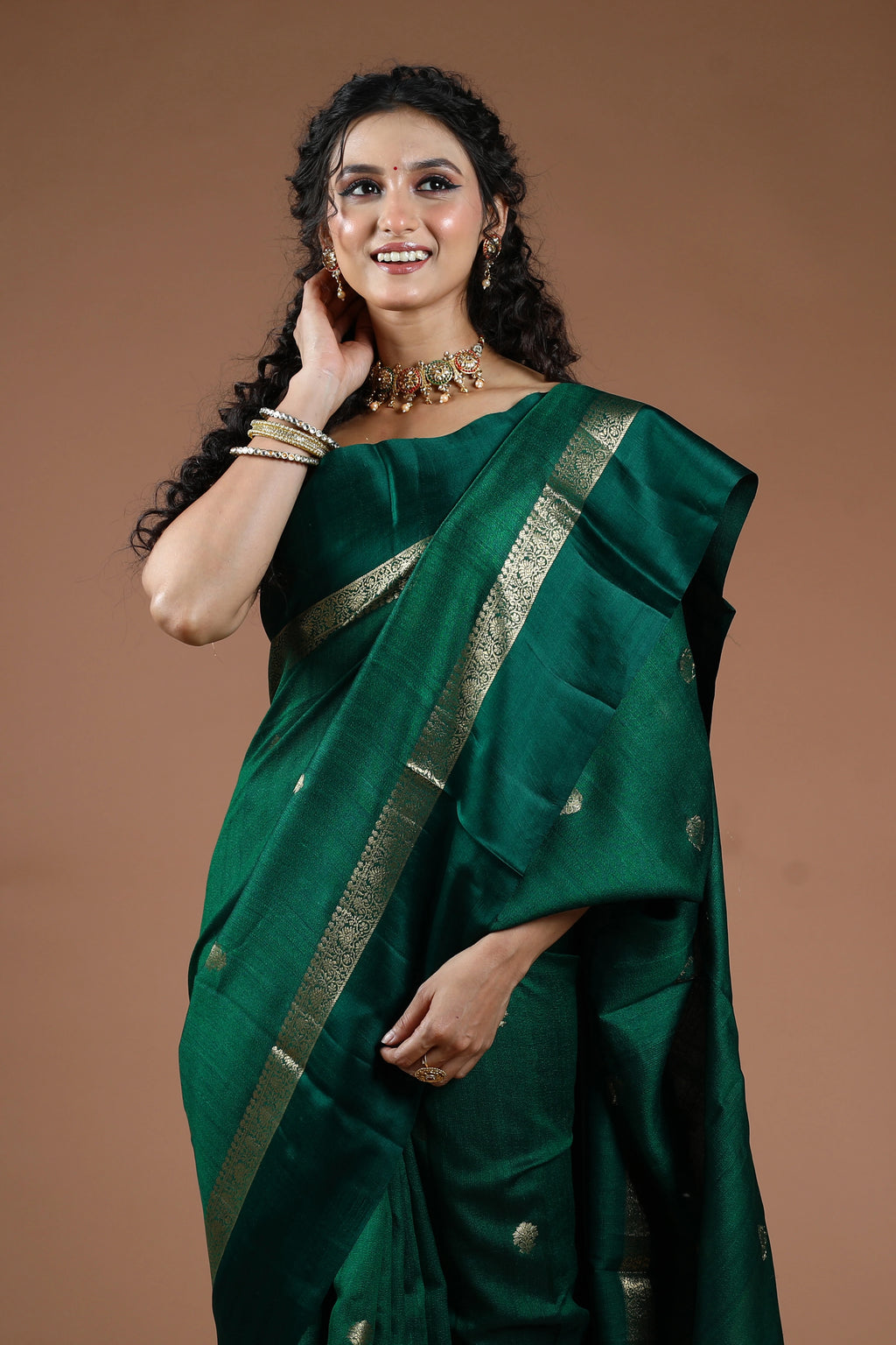 Bottle Green Pure Tussar With Satin Border Saree With Blouse Piece