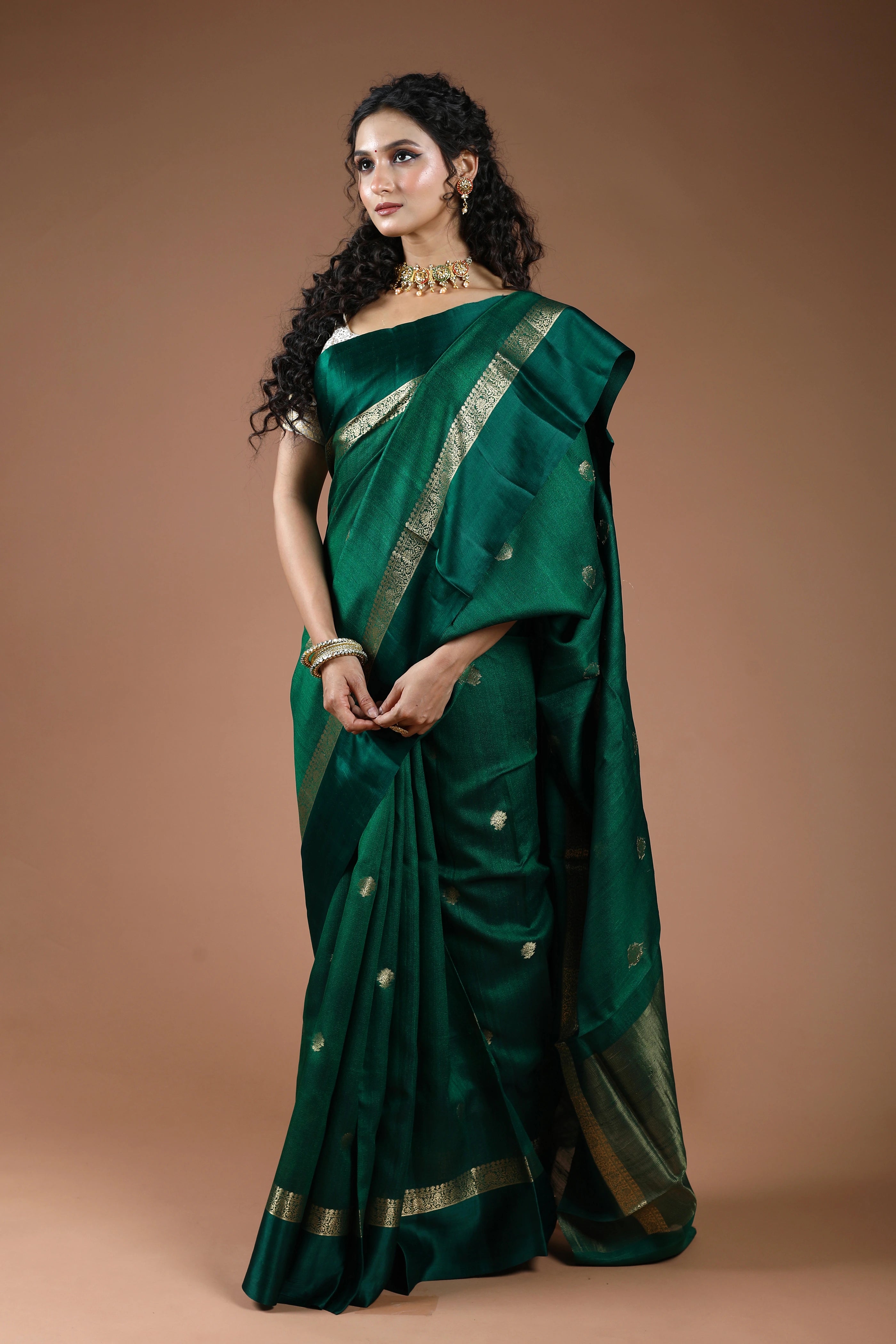 Bottle Green Pure Tussar With Satin Border Saree With Blouse Piece