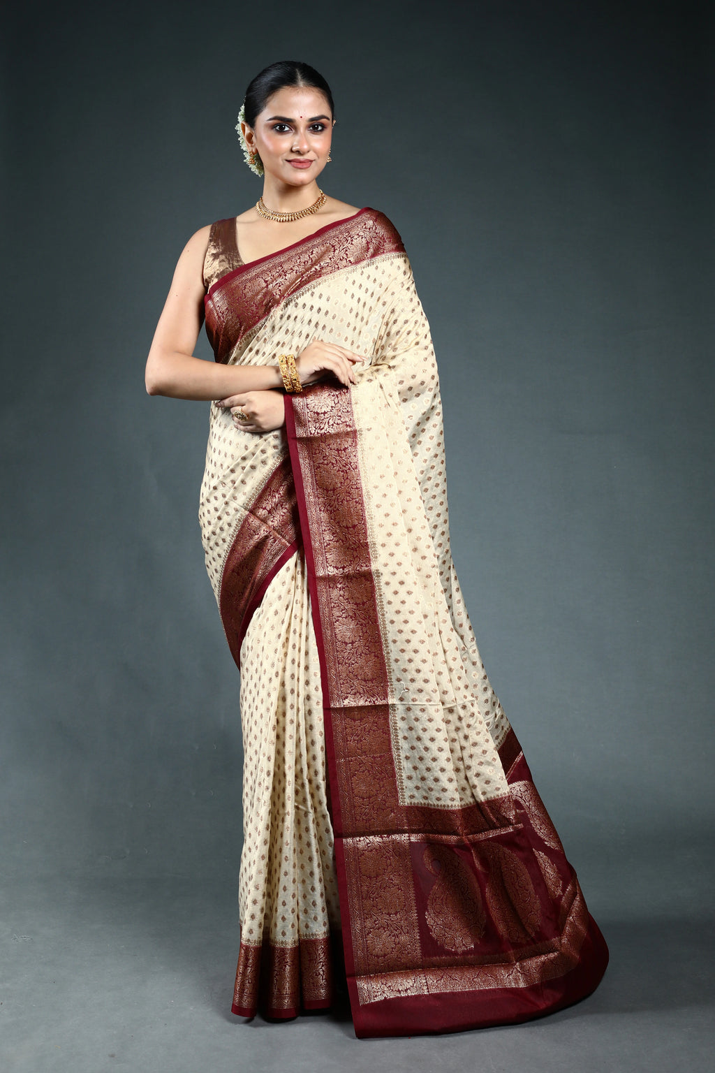 Offwhite Crepe Banarasi Saree with Blouse Piece