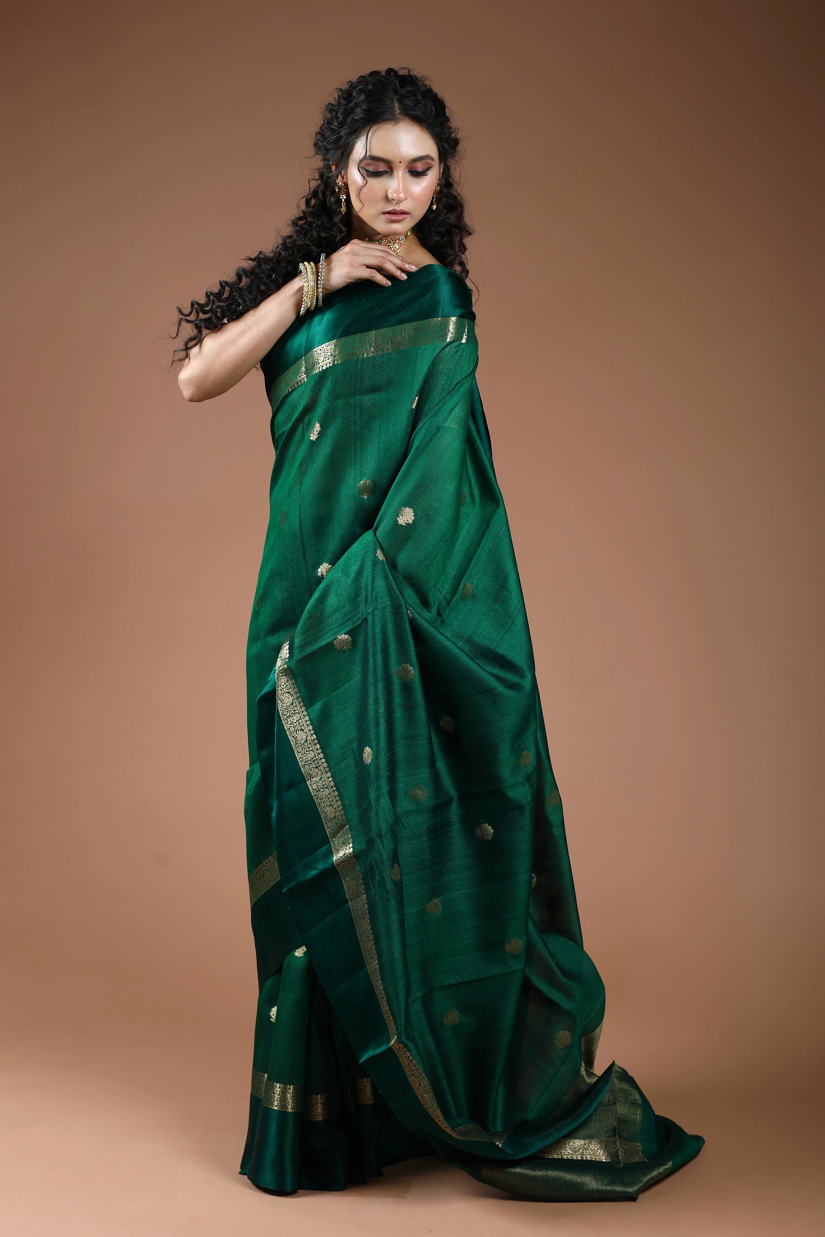 Bottle Green Pure Tussar With Satin Border Saree With Blouse Piece