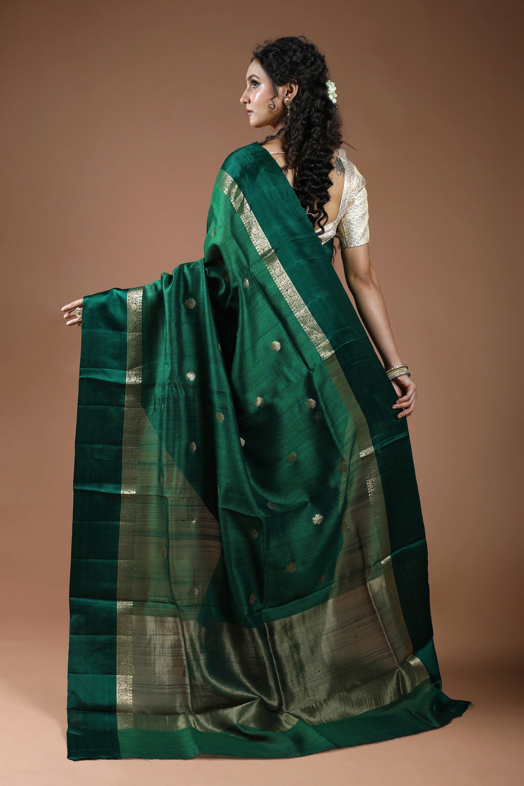 Bottle Green Pure Tussar With Satin Border Saree With Blouse Piece