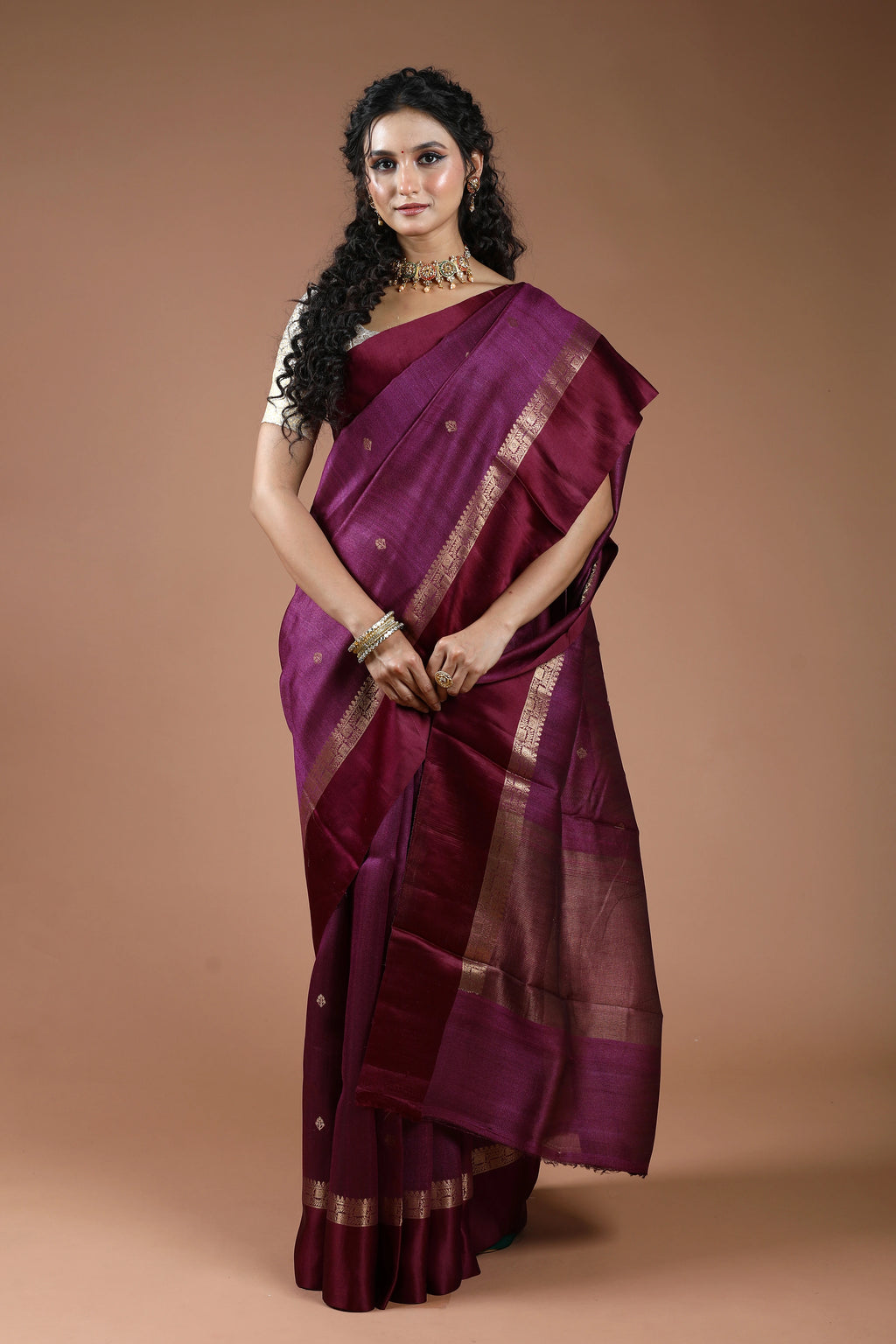 Wine Pure Tussar With Satin Border Saree With Blouse Piece