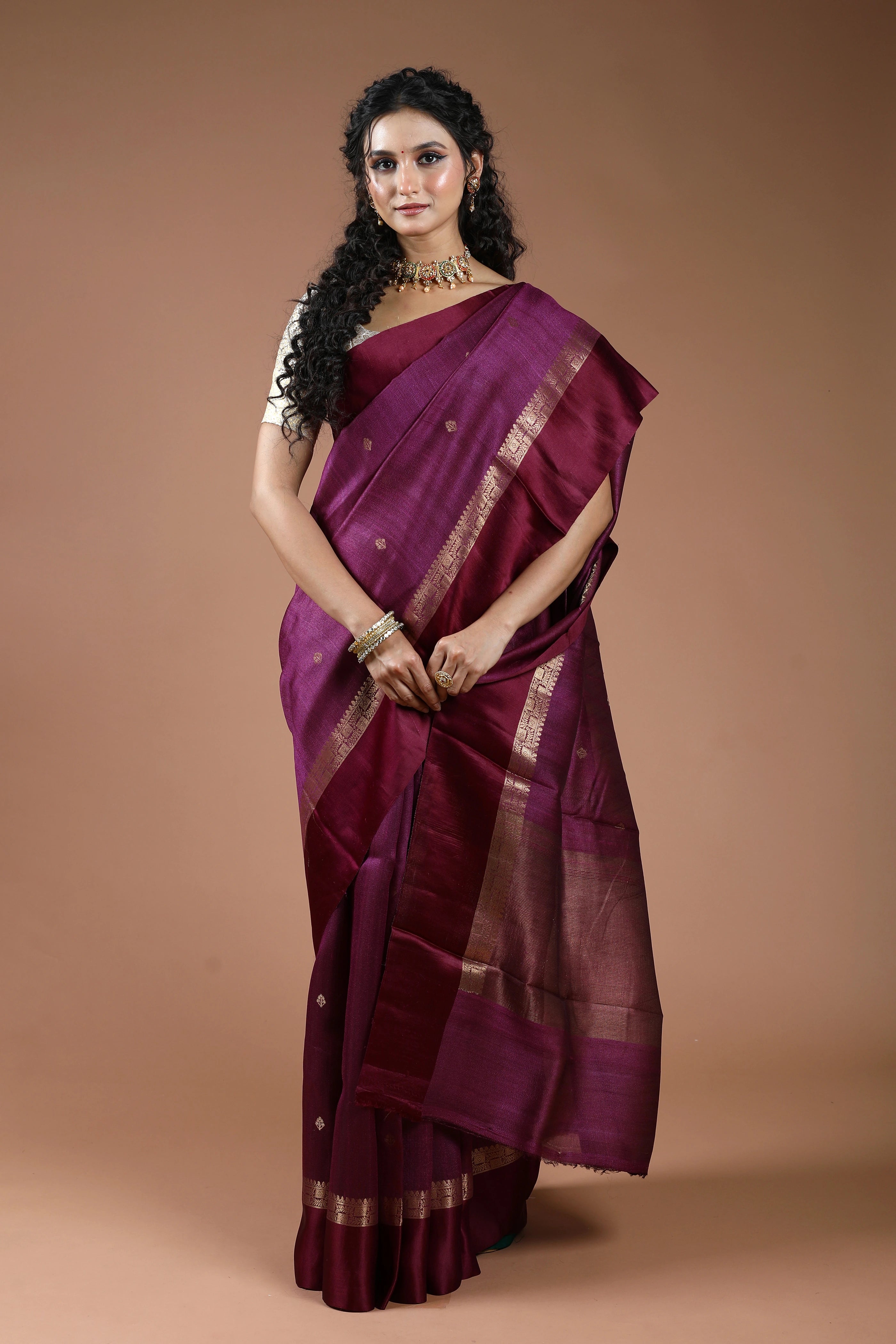Wine Pure Tussar With Satin Border Saree With Blouse Piece