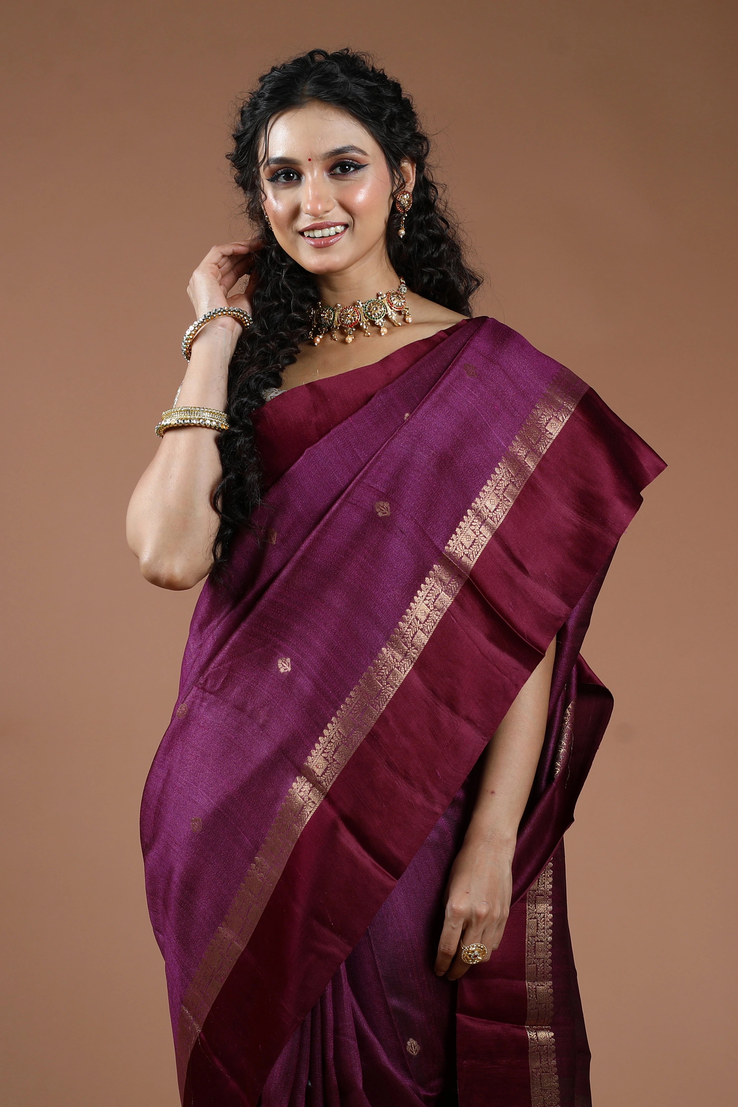 Wine Pure Tussar With Satin Border Saree With Blouse Piece