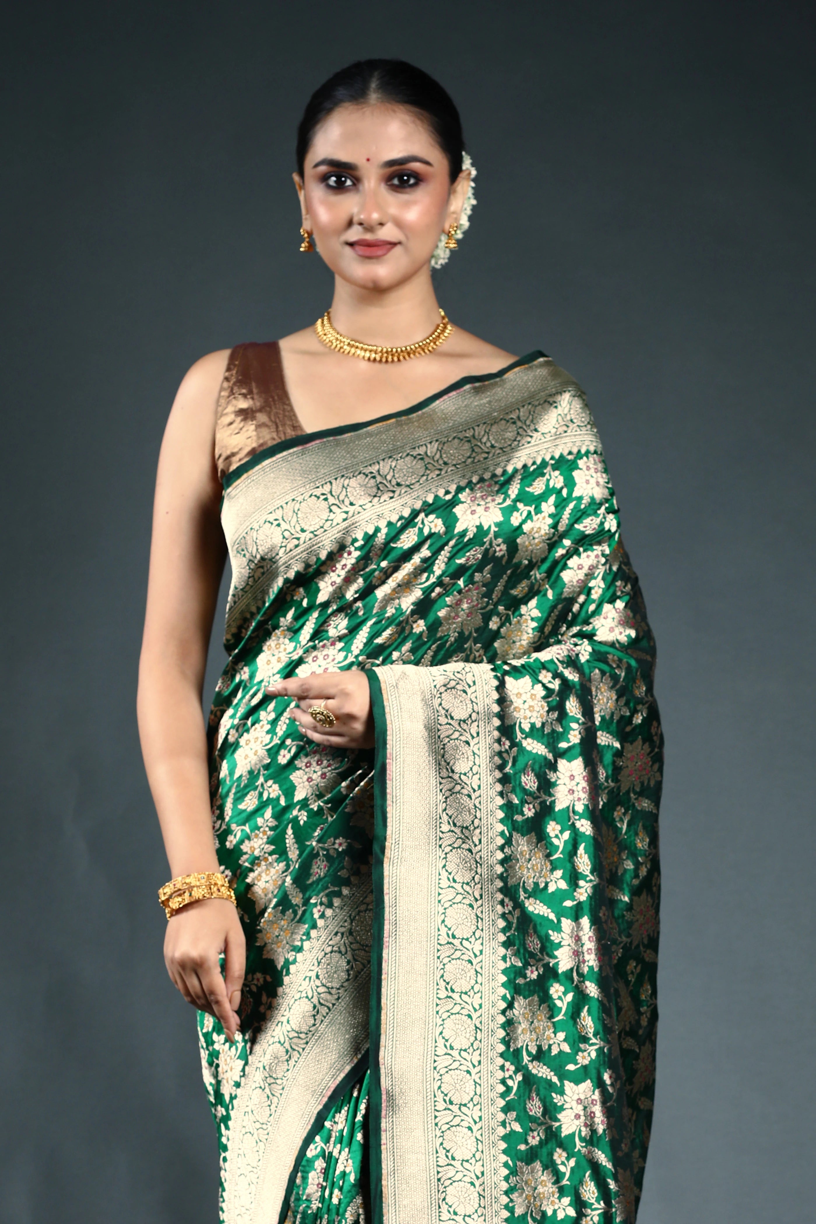 Bottle Green Pure Katan Banarasi Saree with Blouse Piece