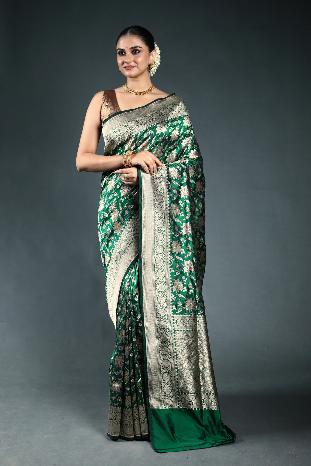 Bottle Green Pure Katan Banarasi Saree with Blouse Piece