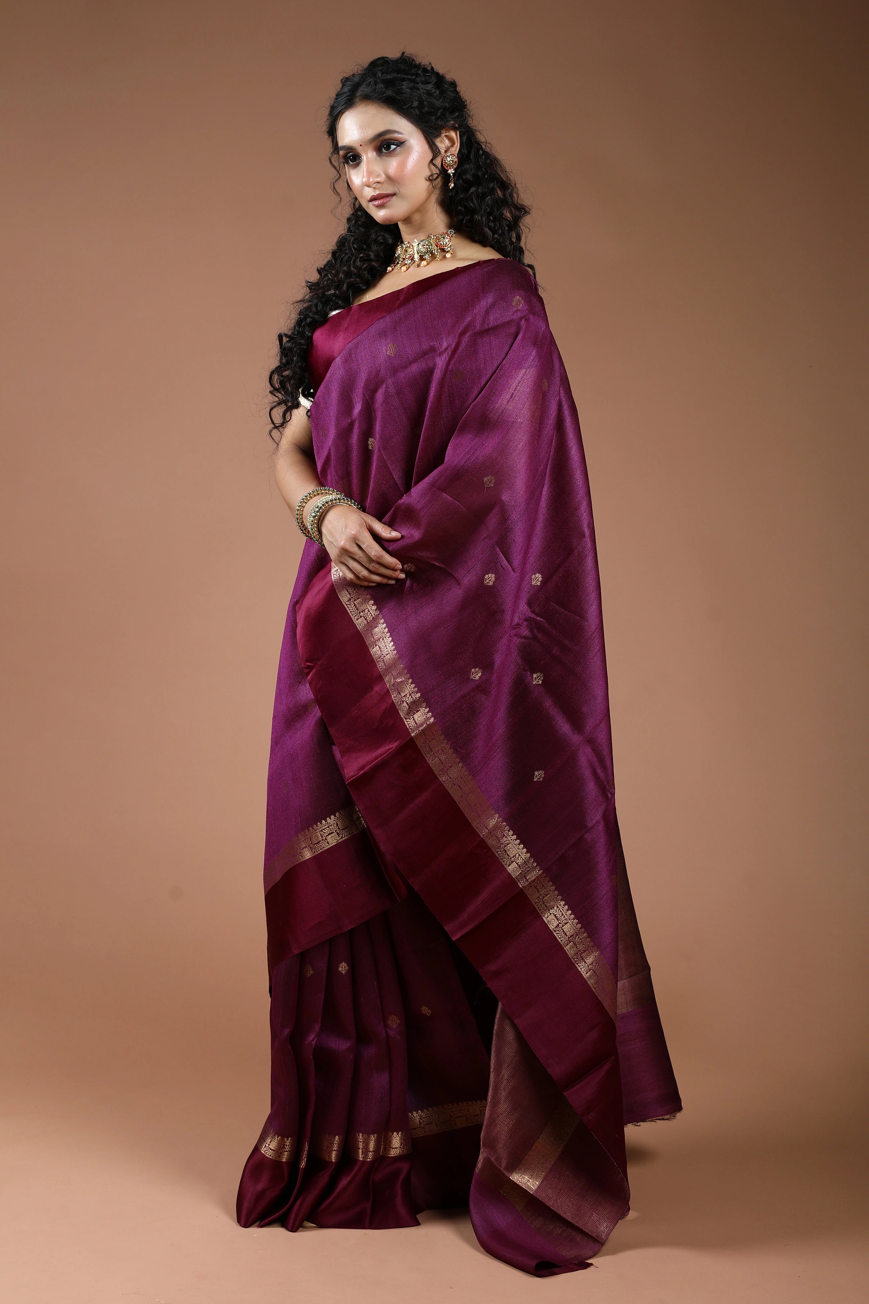 Wine Pure Tussar With Satin Border Saree With Blouse Piece