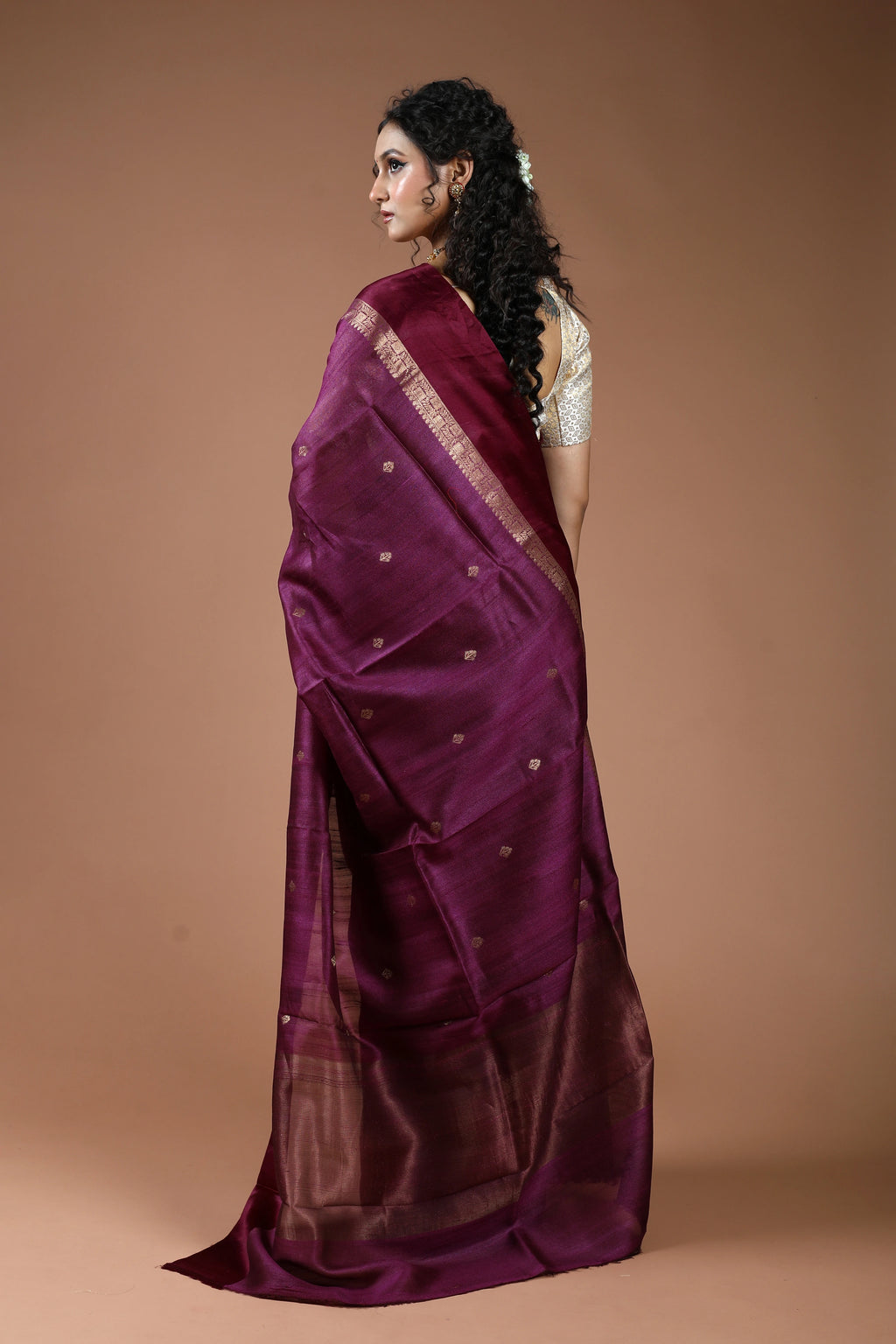 Wine Pure Tussar With Satin Border Saree With Blouse Piece