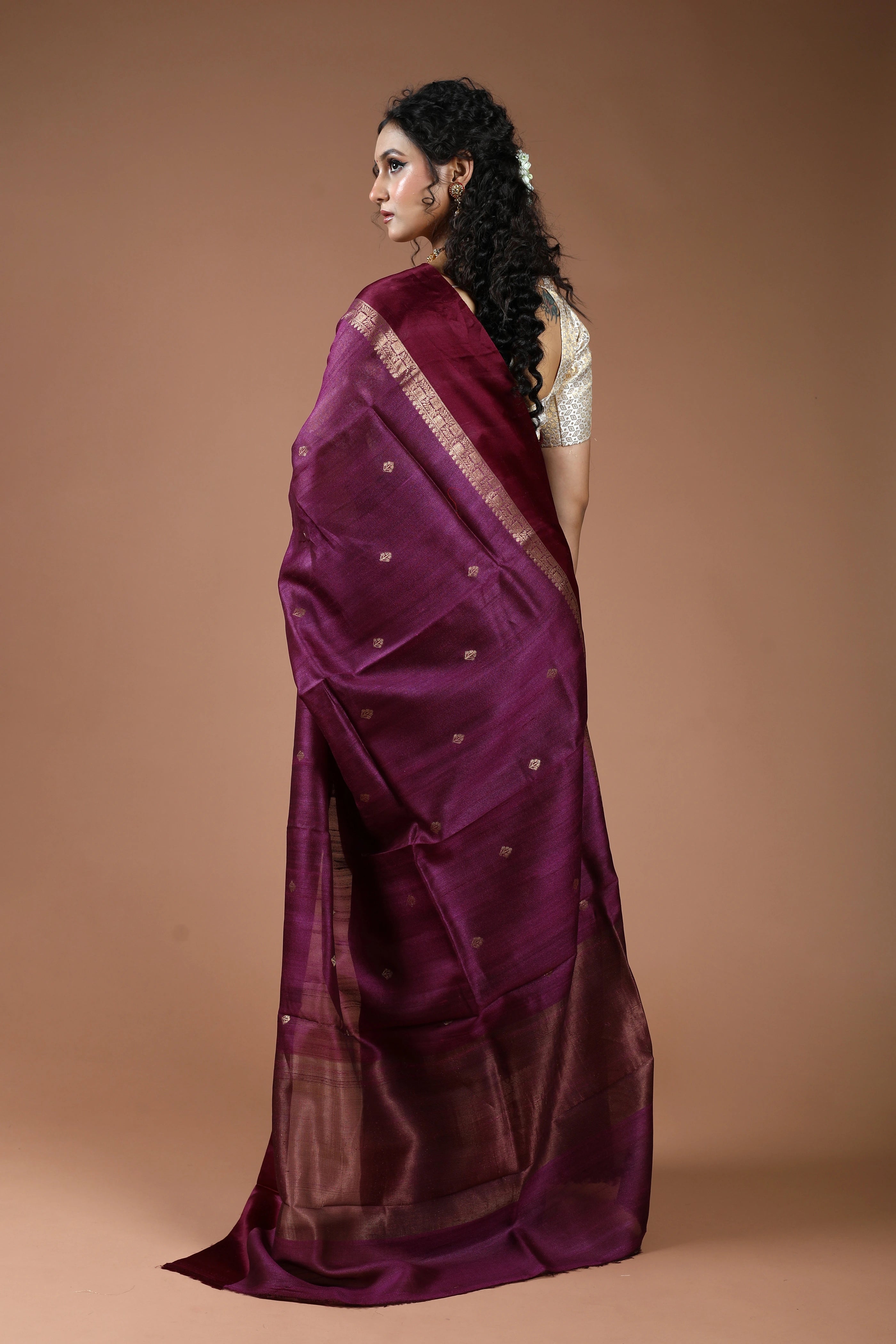 Wine Pure Tussar With Satin Border Saree With Blouse Piece