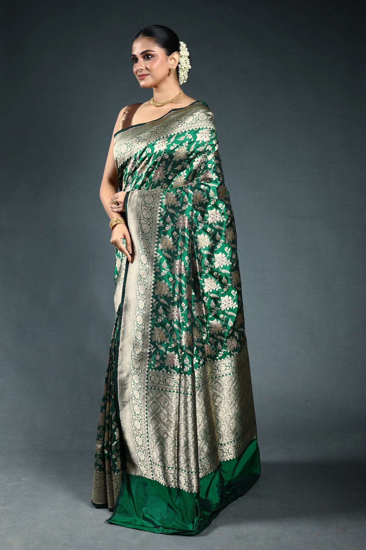 Bottle Green Pure Katan Banarasi Saree with Blouse Piece