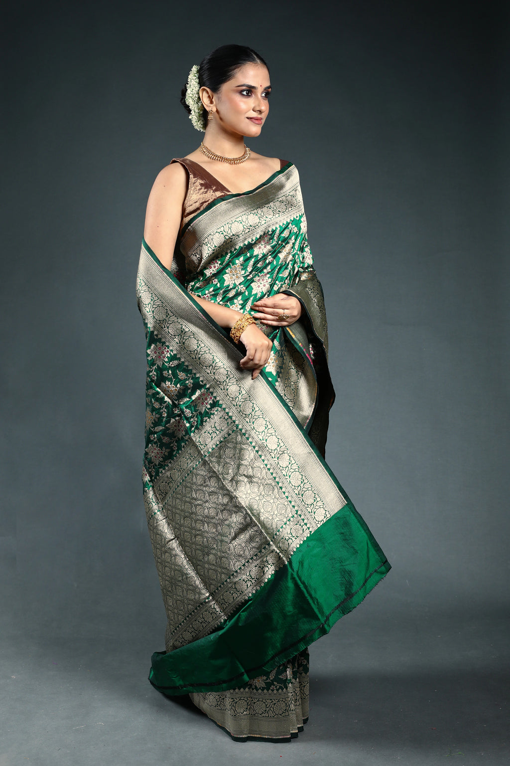 Bottle Green Pure Katan Banarasi Saree with Blouse Piece