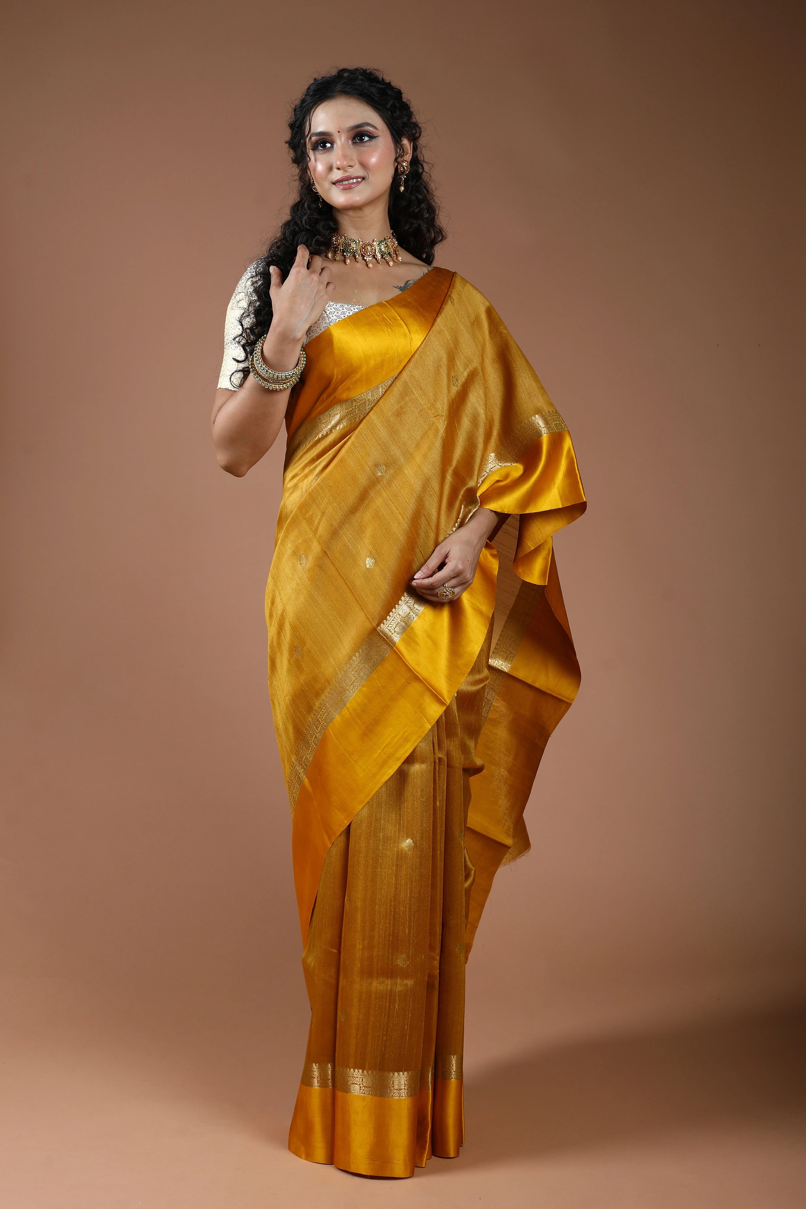 Yellow Pure Tussar With Satin Border Saree With Blouse Piece