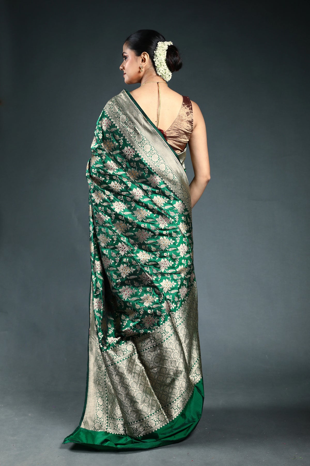 Bottle Green Pure Katan Banarasi Saree with Blouse Piece