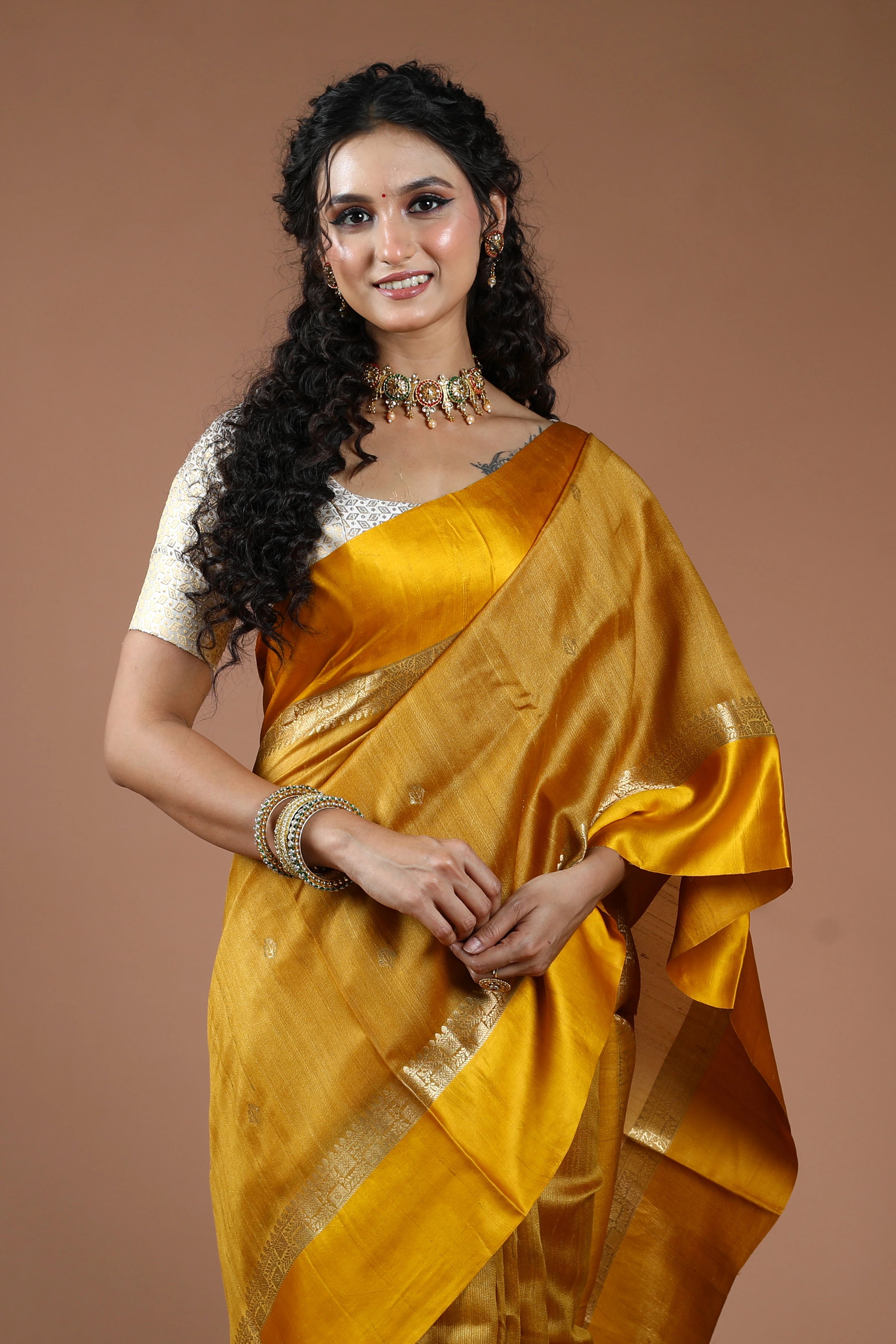 Yellow Pure Tussar With Satin Border Saree With Blouse Piece