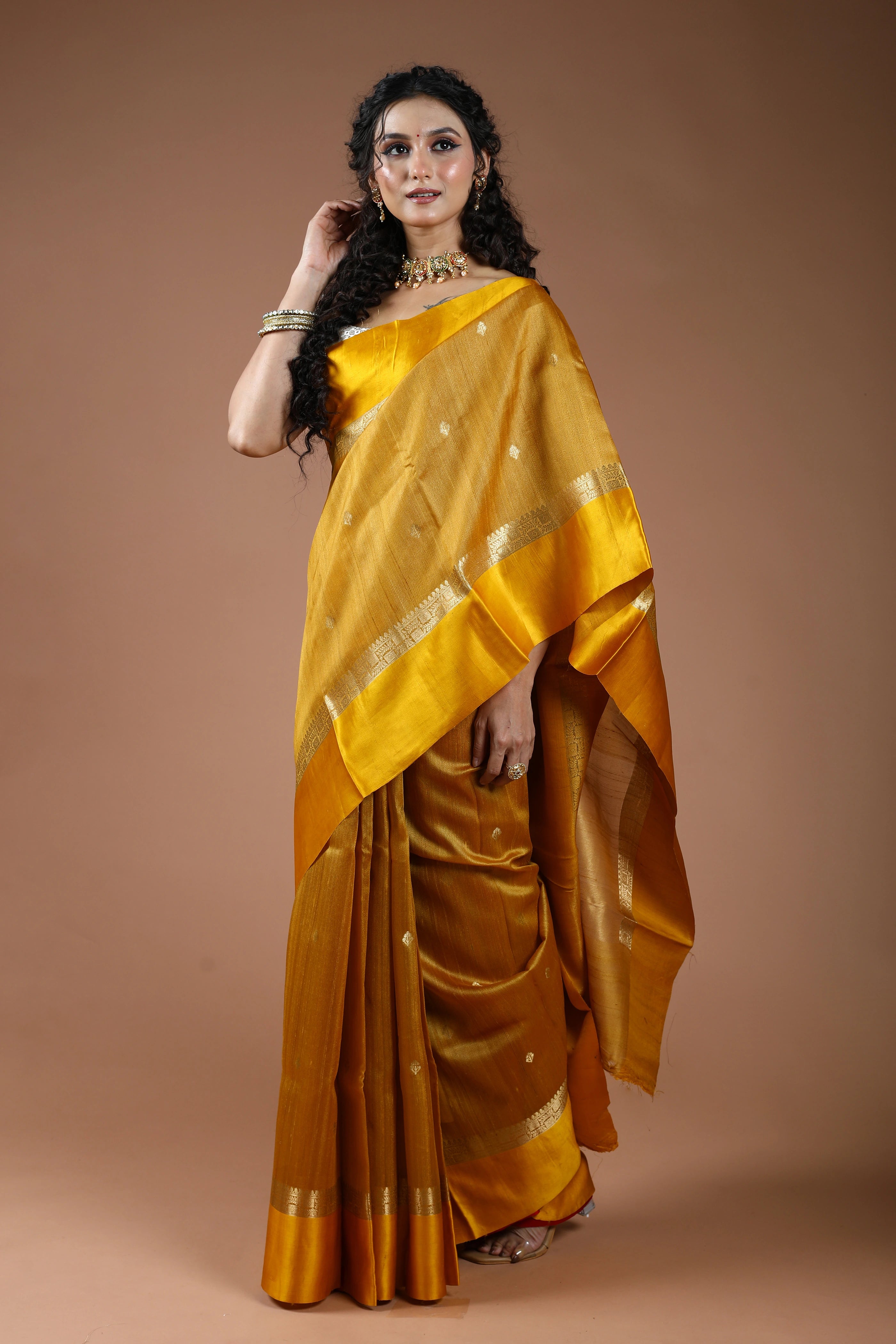 Yellow Pure Tussar With Satin Border Saree With Blouse Piece