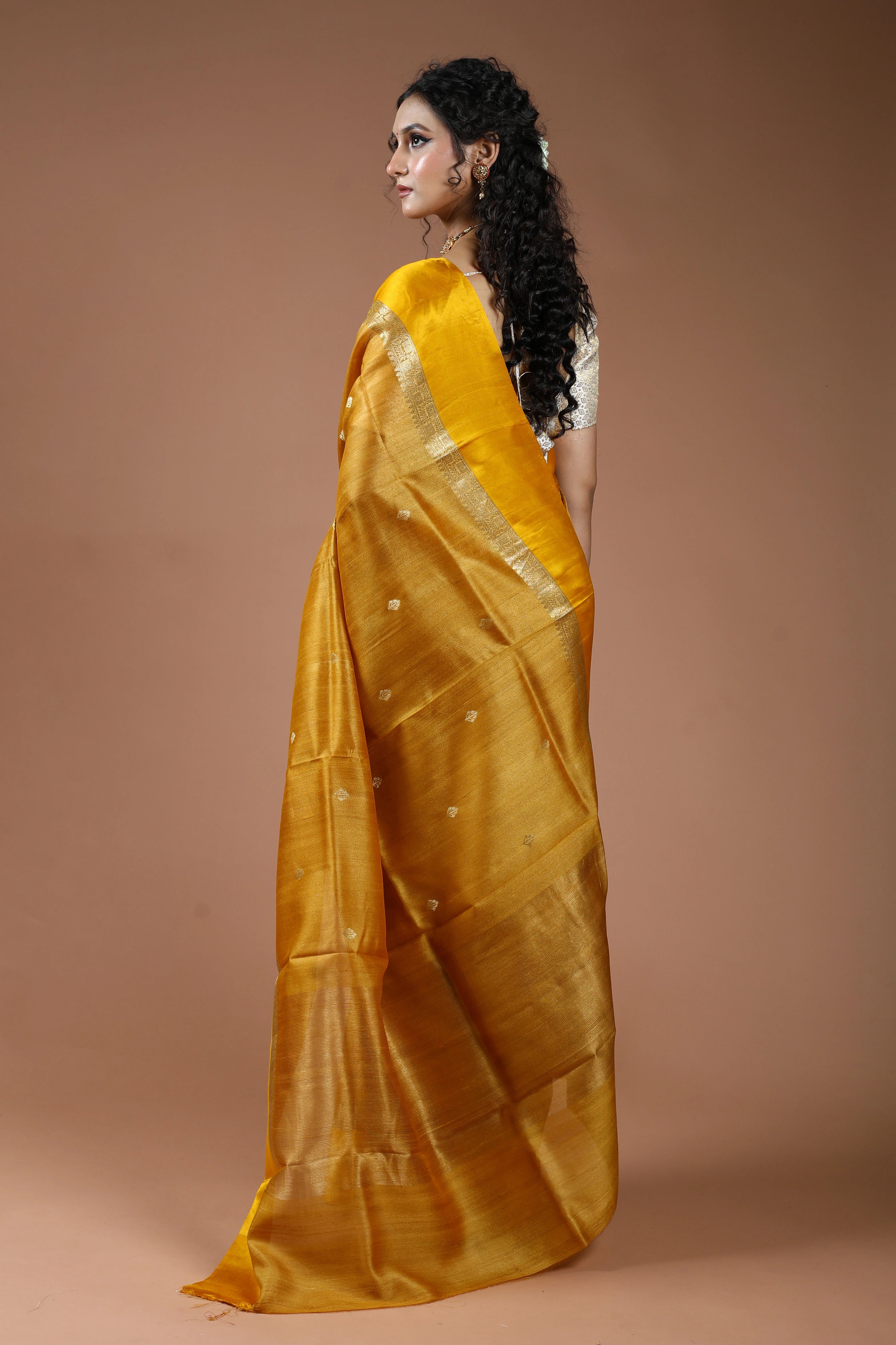 Yellow Pure Tussar With Satin Border Saree With Blouse Piece